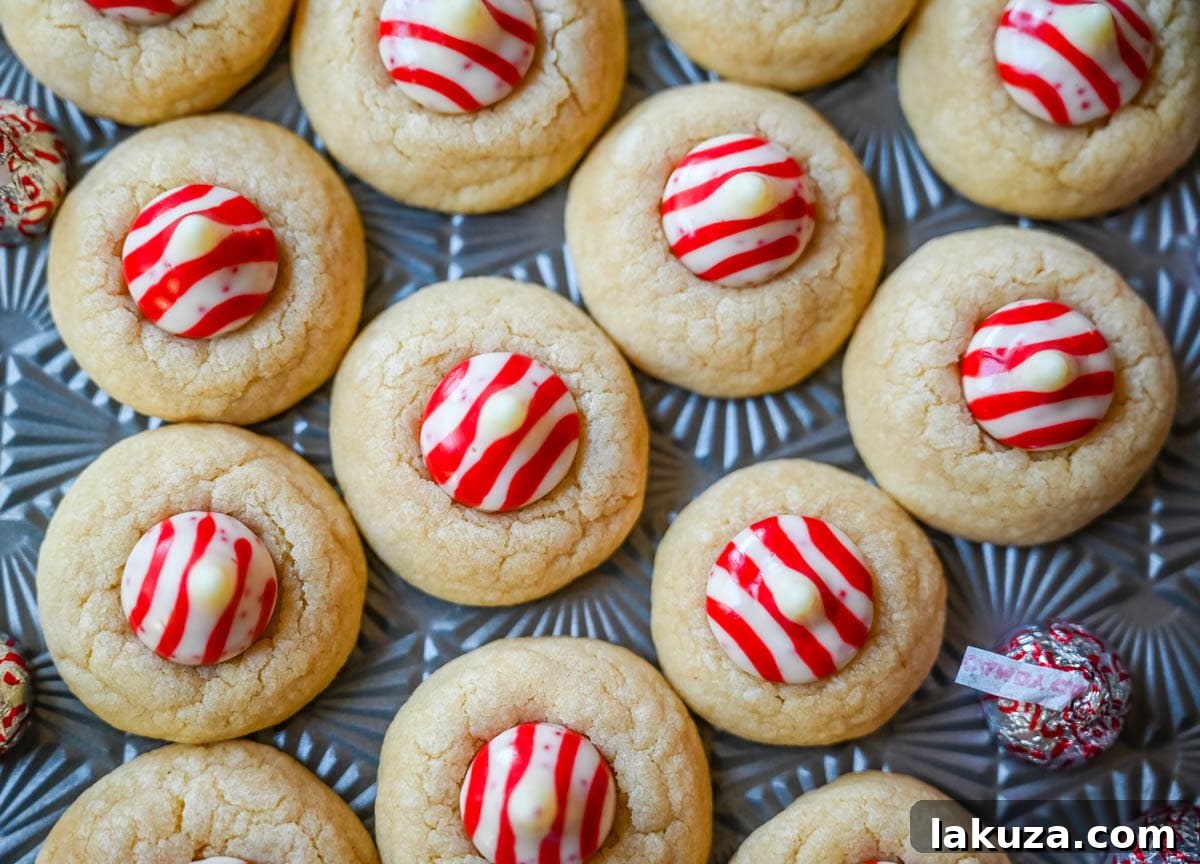 Holiday Candy Cane Kiss Delights 5 A tray of freshly baked Candy Cane Kiss Cookies, with peppermint Kisses pressed into their soft centers, cooling on a rack.