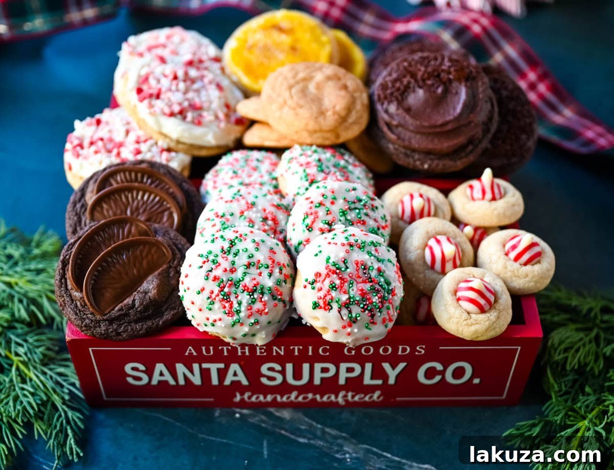 Holiday Candy Cane Kiss Delights 6 Candy Cane Kiss Cookies arranged beautifully in a festive Christmas cookie box, ready for gifting or sharing.