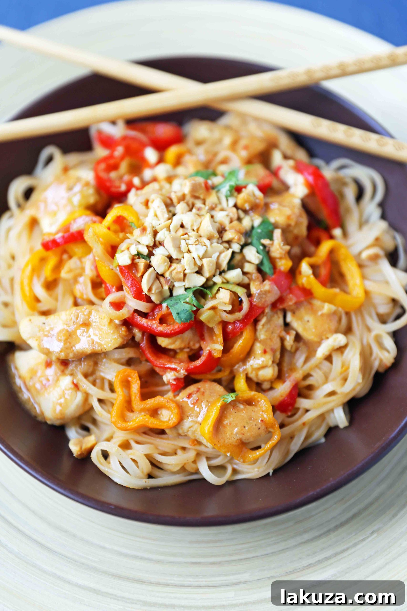 Flavorful Thai Chicken Noodles 4 Overhead shot of Thai Chicken Noodles in a serving bowl, garnished with fresh cilantro and green onions. A quick, healthy, and delicious meal perfect for a busy weeknight.