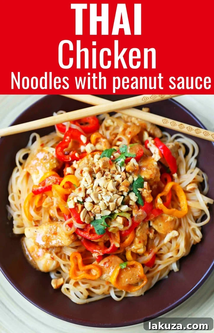 Flavorful Thai Chicken Noodles 8 Vertical pin image for Thai Chicken Noodles. Healthy Thai chicken, fresh vegetables, sauteed with a light peanut butter sauce. Better than take-out Thai chicken noodles. www.modernhoney.com #thaichickennoodles #healthydinner #glutenfree