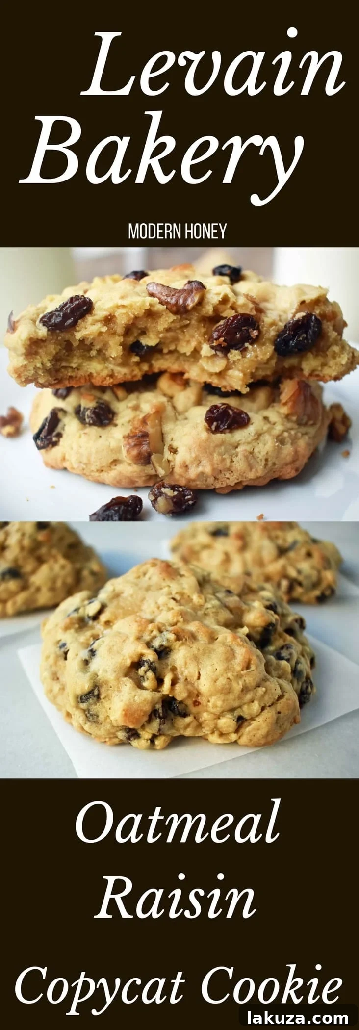 Stacked Levain Bakery oatmeal raisin cookies, showcasing their thickness and soft appearance, ready to be enjoyed.