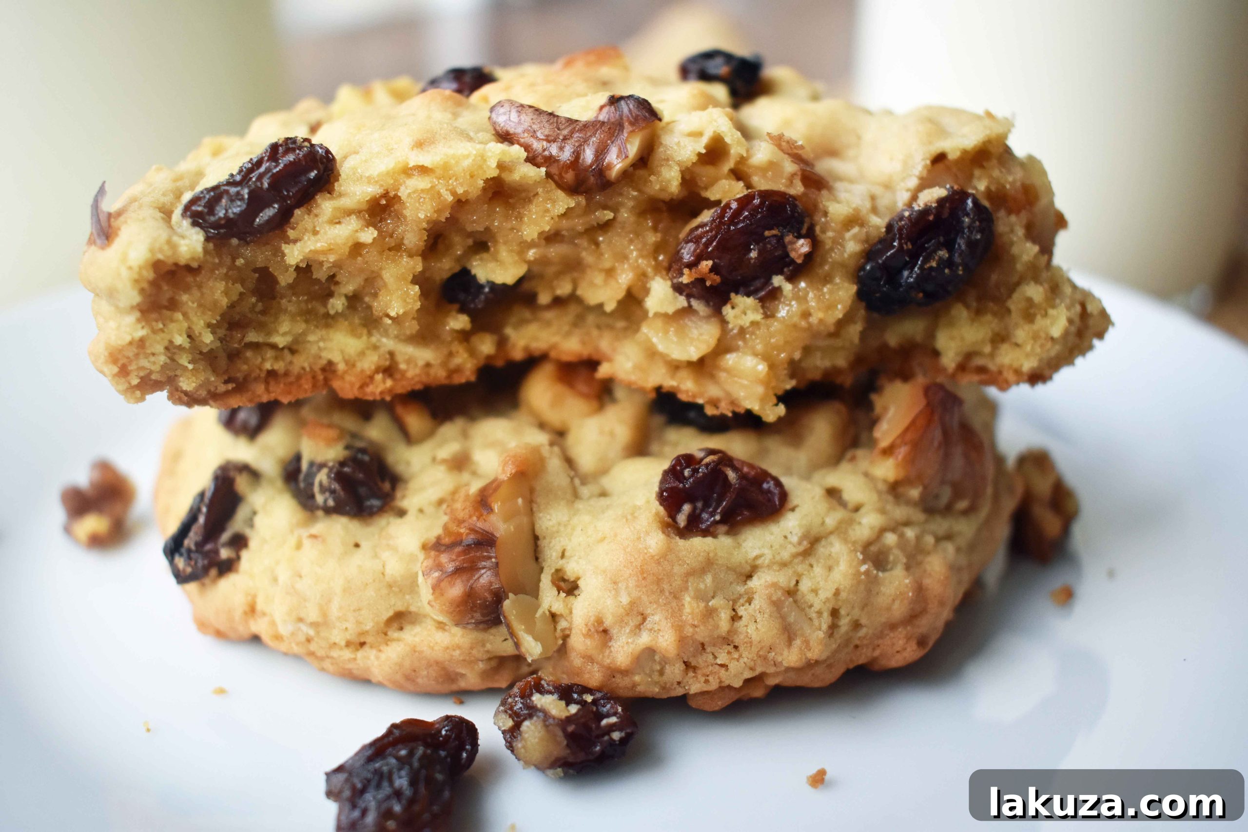 A large, soft oatmeal raisin cookie broken in half to show its tender, moist interior and abundance of oats and raisins.