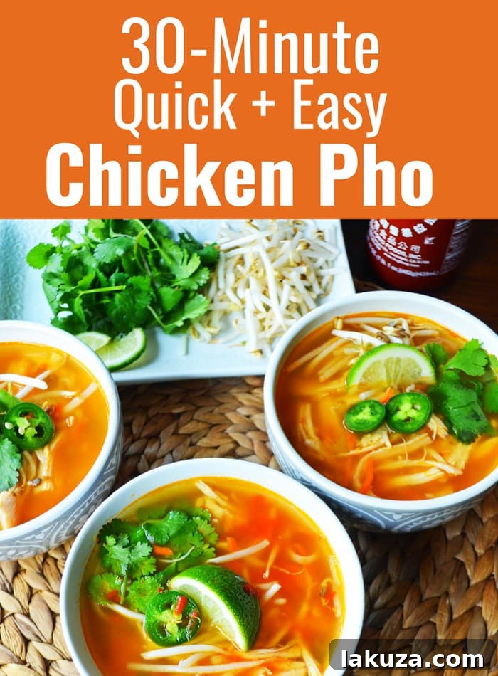30-minute Chicken Pho Recipe. How to make quick and easy pho. An easy Vietnamese chicken soup that is healthy and delicious! Pin this recipe for Quick Chicken Pho. www.modernhoney.com #pho #chickenpho #easypho #healthysoup