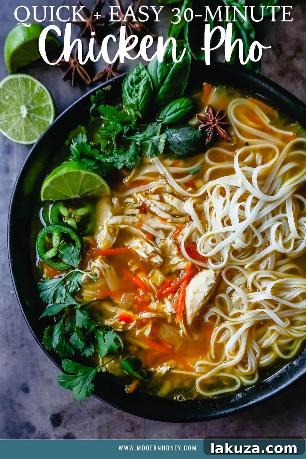 A quick and easy Vietnamese chicken pho recipe made in less than 30 minutes. All the flavor, without all the work! A beautiful bowl of homemade Chicken Pho.