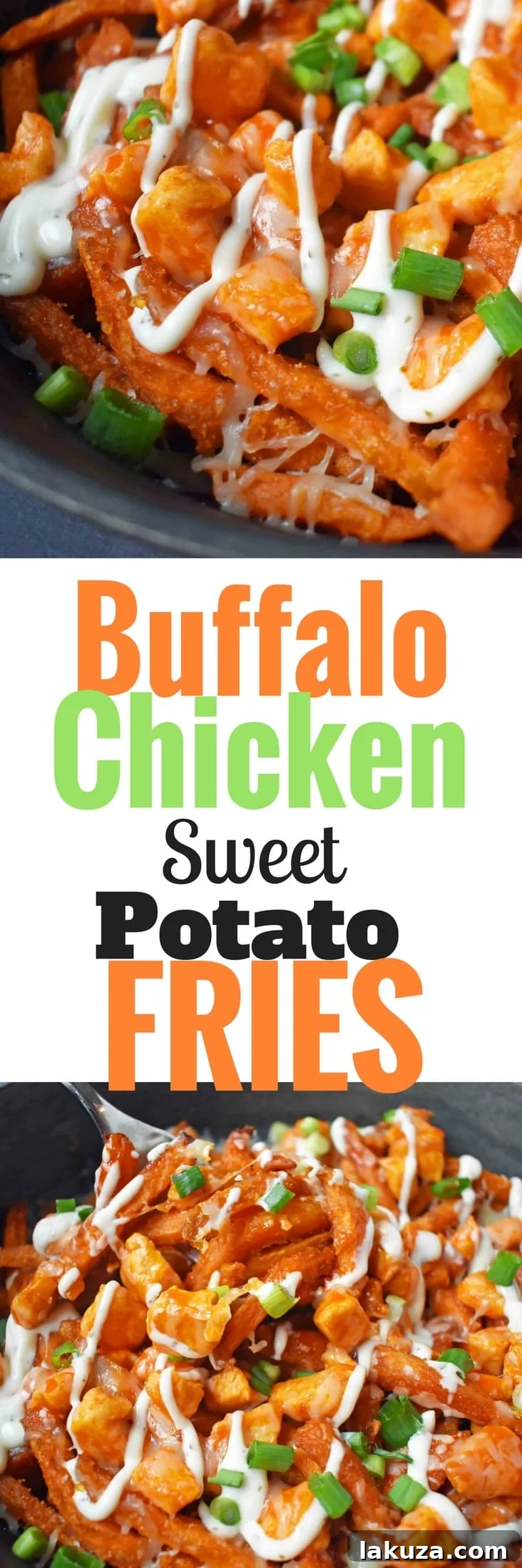 Buffalo Chicken Loaded Sweet Potato Fries 8 Pin this recipe! Delicious Buffalo Chicken Sweet Potato Fries, perfect for parties and game day.