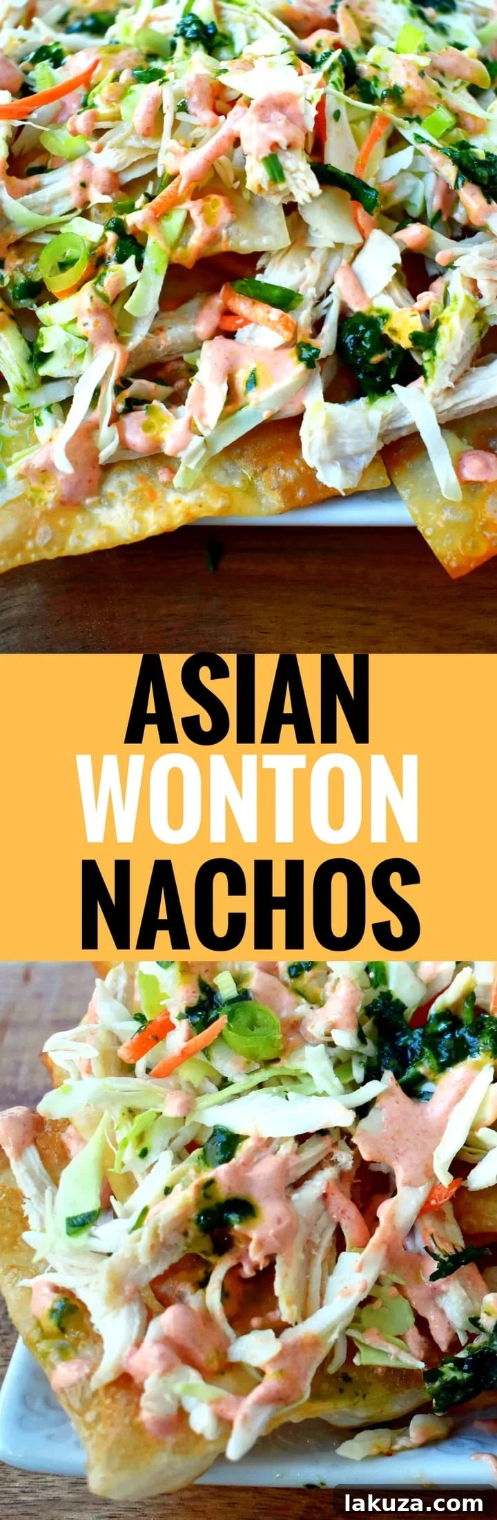 Asian Wonton Chicken Nachos made with homemade fried wontons, pulled chicken, sriracha cream sauce, cabbage mix, and a sweet cilantro lime sauce. An Asian influenced appetizer using fried wontons instead of chips. Amazing! www.modernhoney.com
