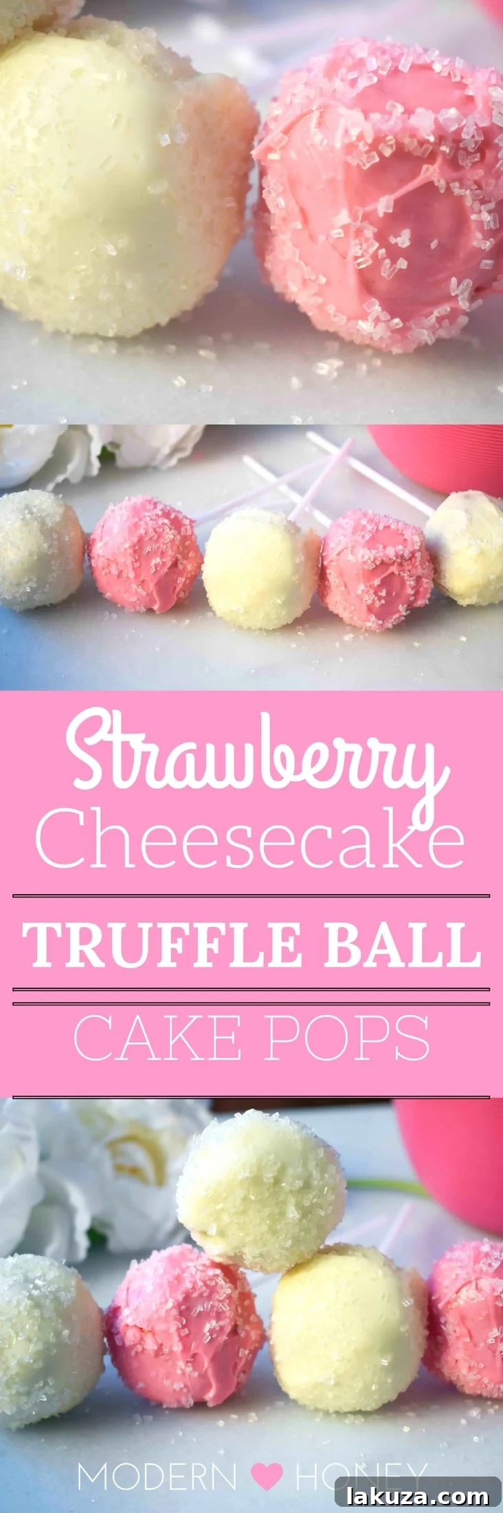 Strawberry Cheesecake Truffles 8 Strawberry Cheesecake Truffle Balls Cake Pops. Homemade yellow butter cake mixed with fresh strawberry cream cheese frosting. Then rolled in melted white melting wafers and sprinkled with sparkling sugar. www.modernhoney.com