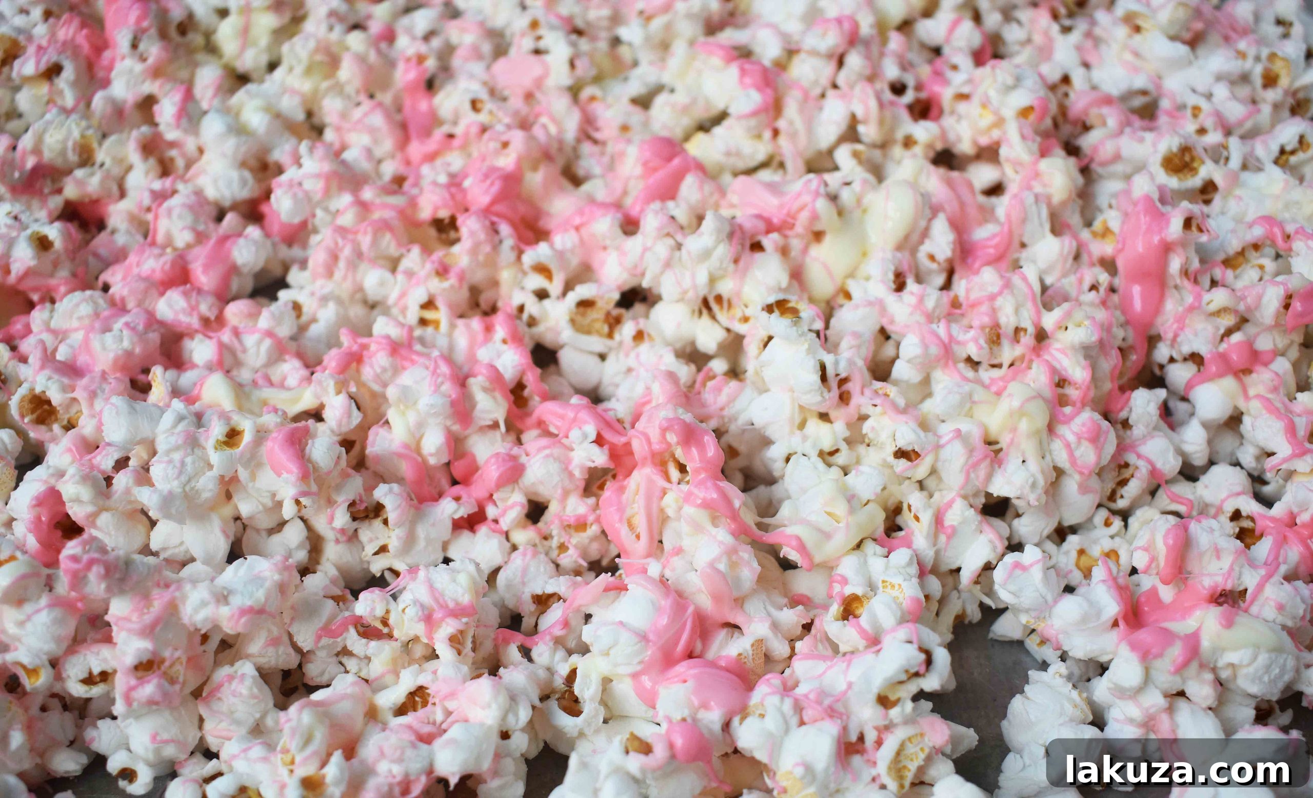 Irresistible Valentine White Chocolate M&M Popcorn 3 A closer look at the delicious Valentine's Day White Chocolate M & M Popcorn, showcasing the glossy white chocolate and colorful candies.