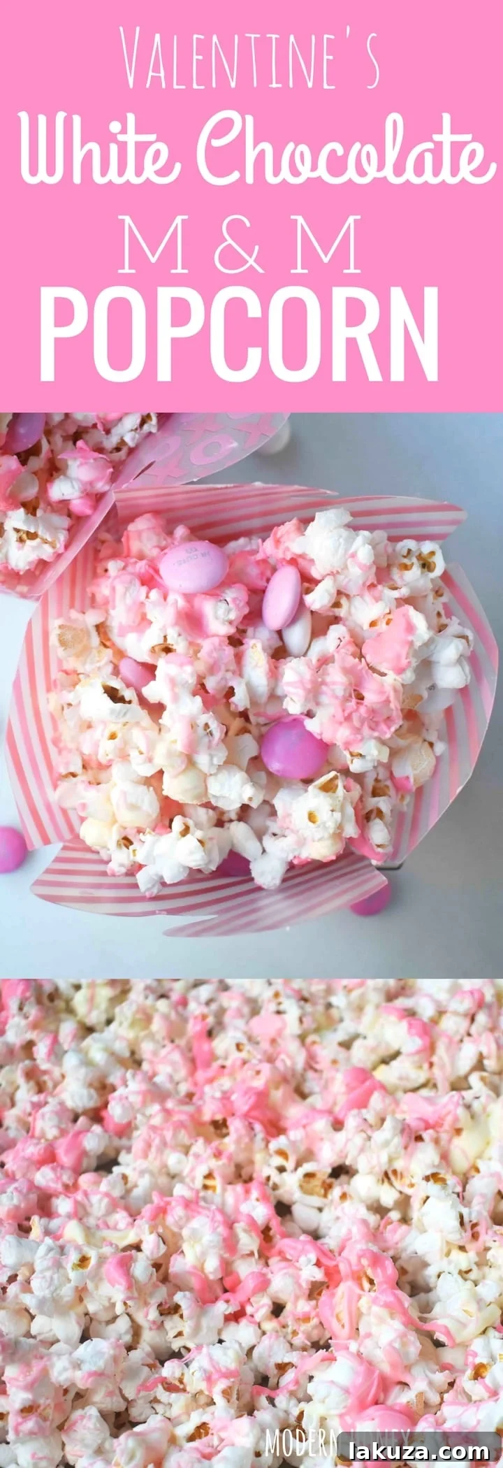 Irresistible Valentine White Chocolate M&M Popcorn 7 A creative and beautifully arranged image of Homemade Valentine's Day White Chocolate and M & M Popcorn, showcasing its appeal as a festive gift or treat.