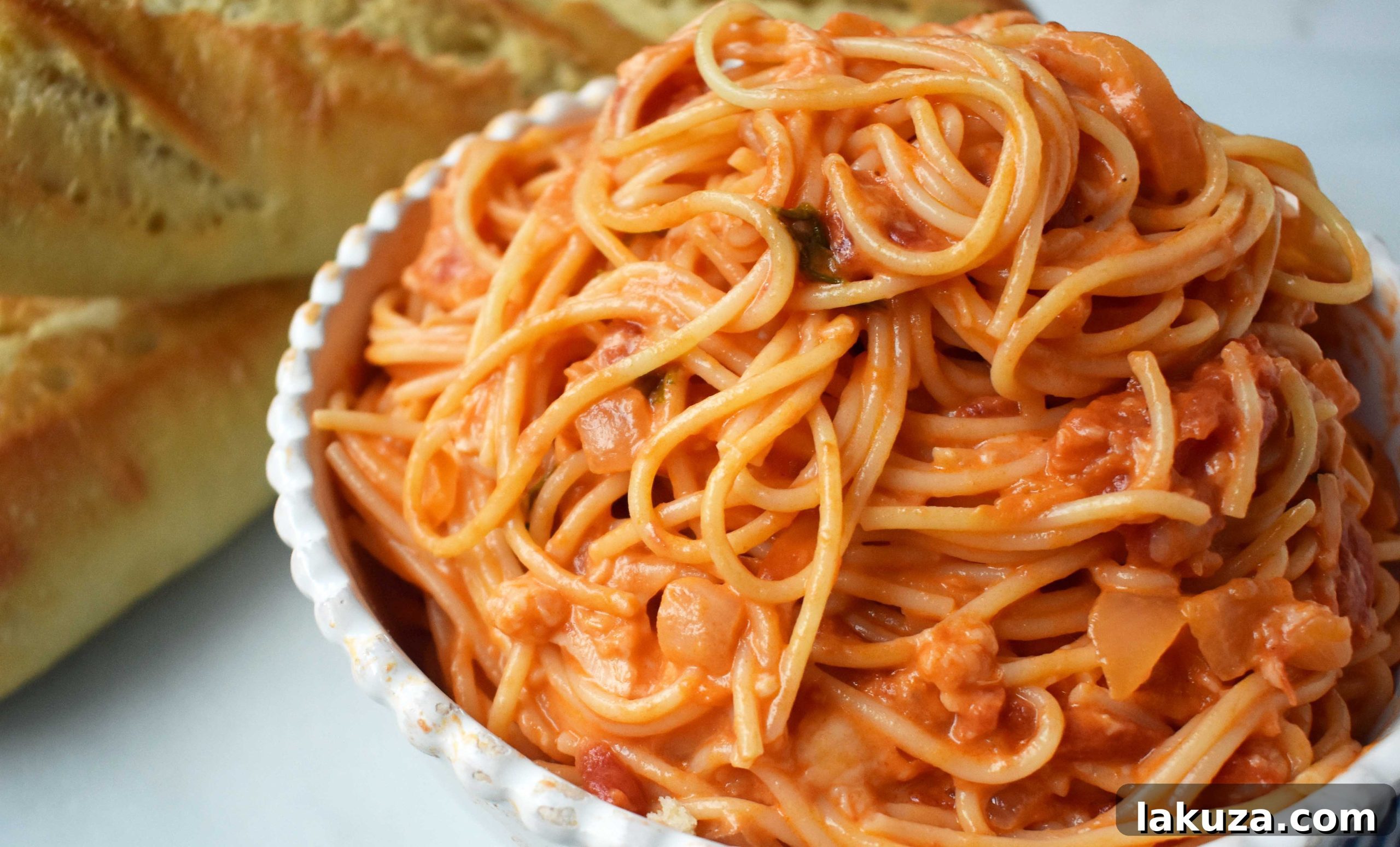 Close-up of creamy Lover's Pasta, ready to serve