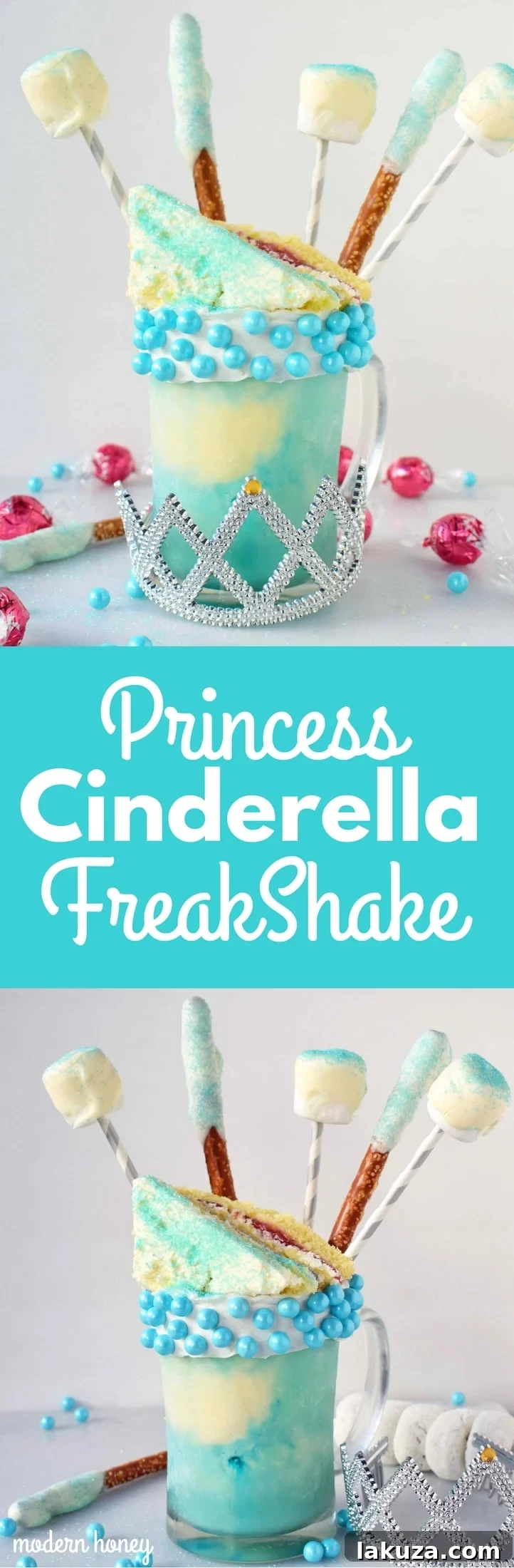 Glass Slipper Freak Shake 8 Princess Cinderella FreakShake inspired by the Disney Princess. A vanilla milkshake layered with Cinderella blue tinted ice cream and topped with birthday cake, white chocolate covered pretzels and marshmallows. Perfect for a Princess party or for a Disney lover.