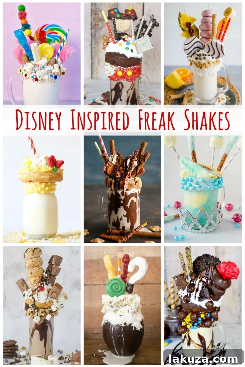 Glass Slipper Freak Shake 9 Disney Freak Shake Recipes Collage. A collection of diverse Disney inspired Freak Shakes for various themes.