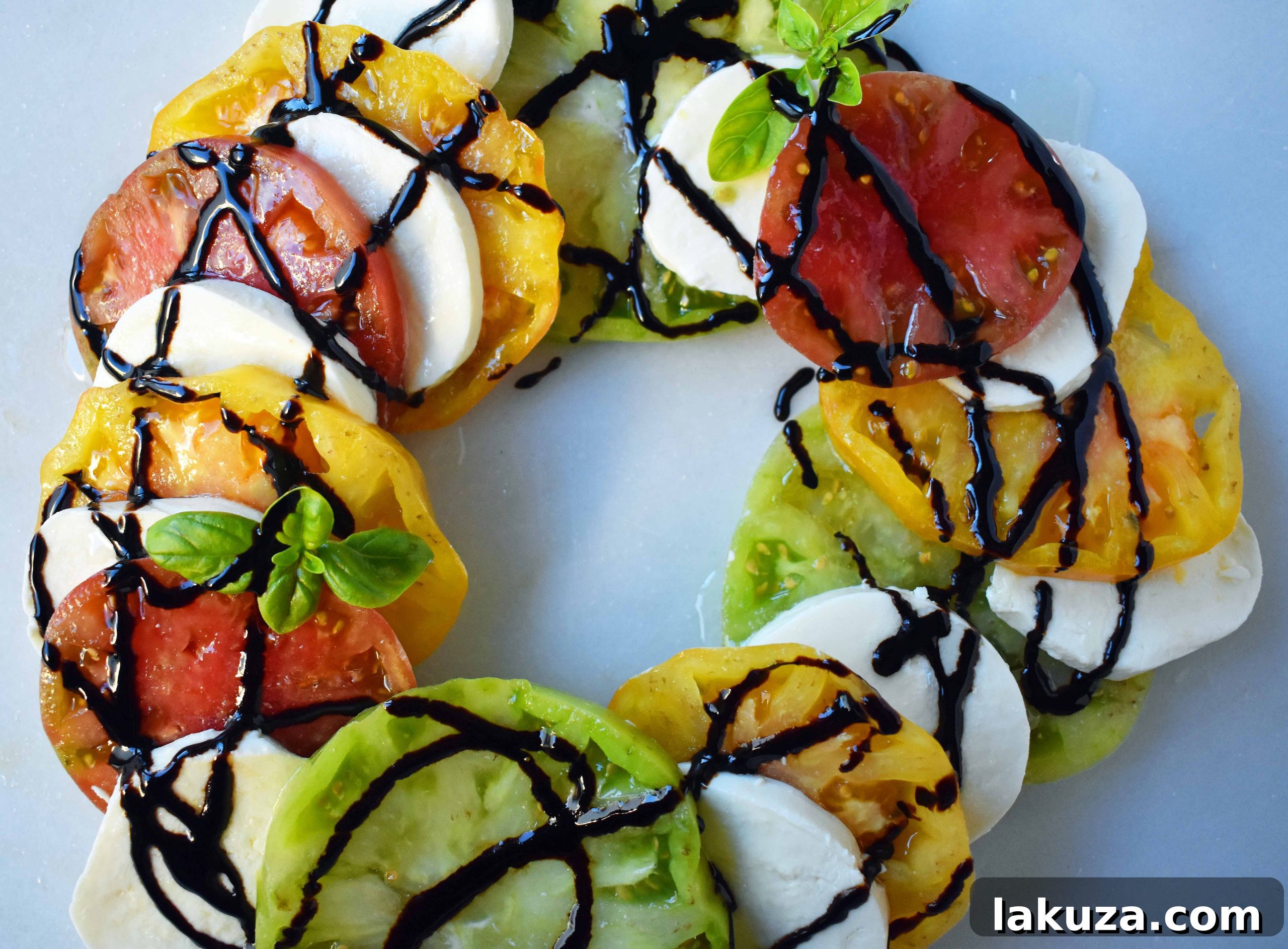 Radiant Heirloom Caprese 5 Heirloom Tomato Caprese Salad with vibrant ingredients: tomatoes, mozzarella, basil, olive oil, balsamic.