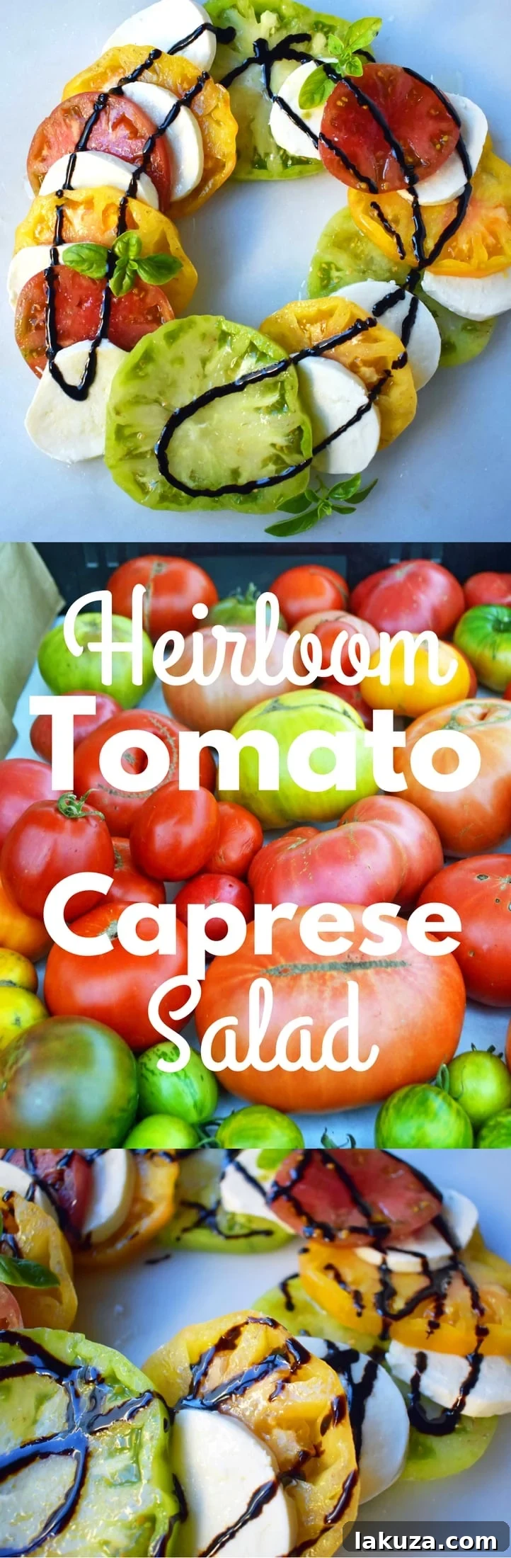 Radiant Heirloom Caprese 7 Heirloom Tomato Caprese Salad on a plate, ready to be served, ideal for pinning.