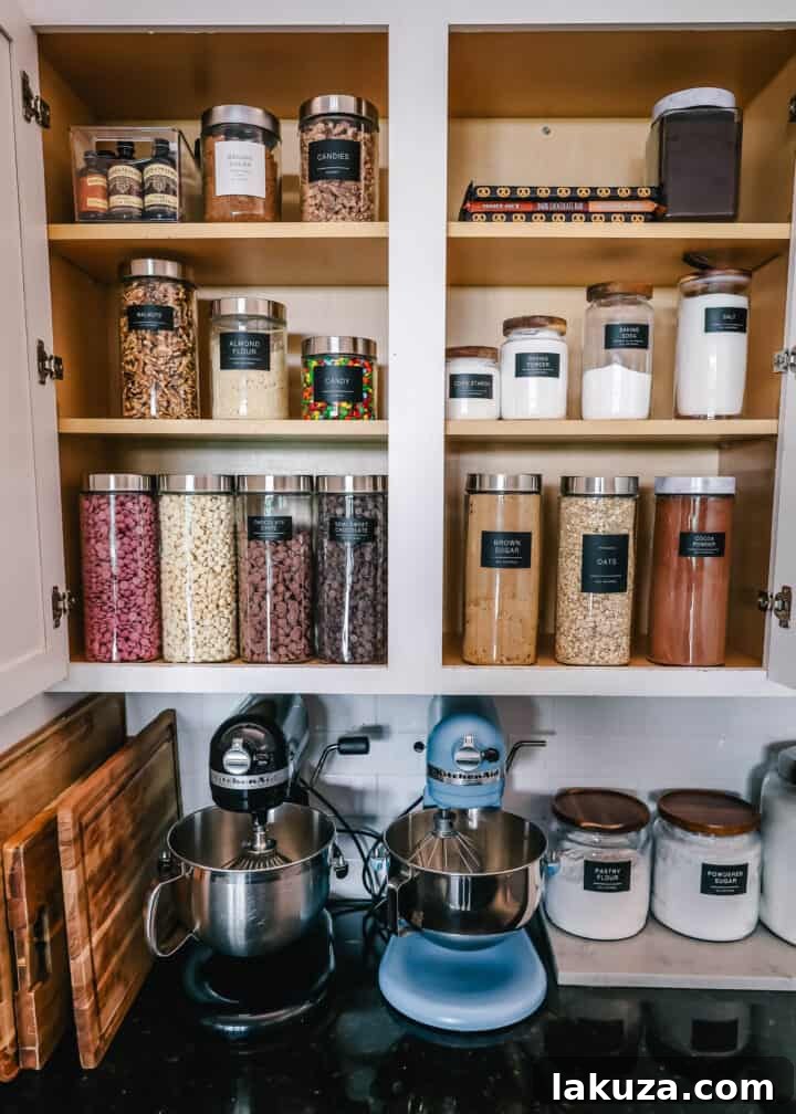 A vibrant and organized baking center display with various ingredients in clear jars, ready for use.