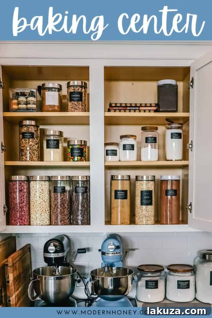 An inviting and functional baking center, showcasing a variety of baking ingredients and equipment neatly organized in a kitchen space.