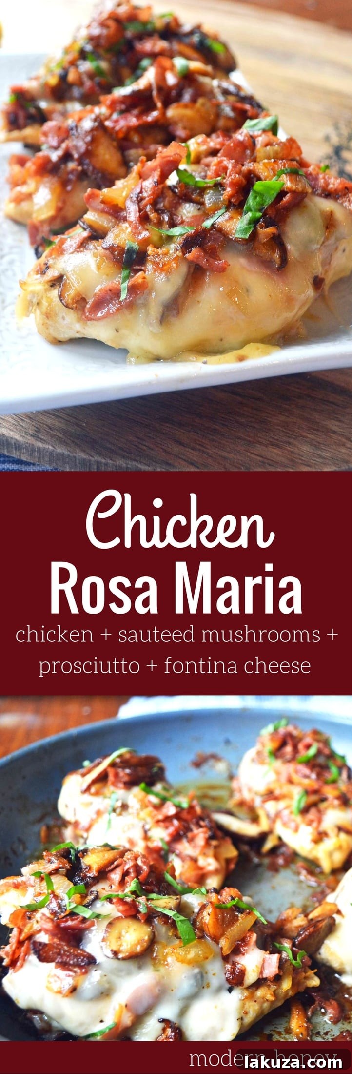 Pin this Chicken Rosa Maria recipe - a Carrabba's copycat with chicken, prosciutto, mushrooms, and fontina cheese.