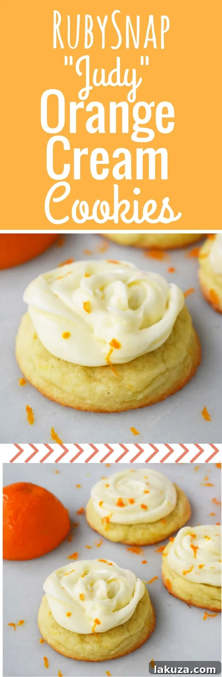 A stack of freshly baked and frosted RubySnap Judy Orange Cream Cookies, showcasing their delightful texture and creamy topping.