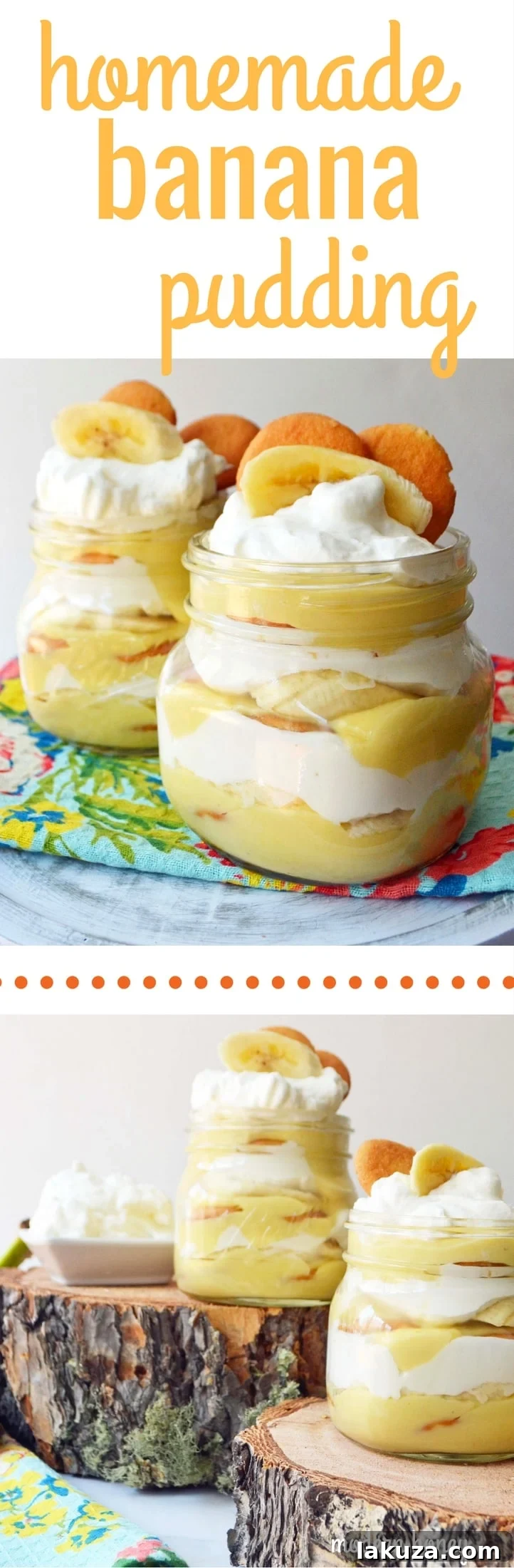 Final presentation of the Homemade Banana Pudding Dessert, showcasing a single serving in a glass jar, adorned with fresh banana slices and whipped cream. A close-up shot emphasizing the appealing texture and layers of this gourmet Southern dessert.