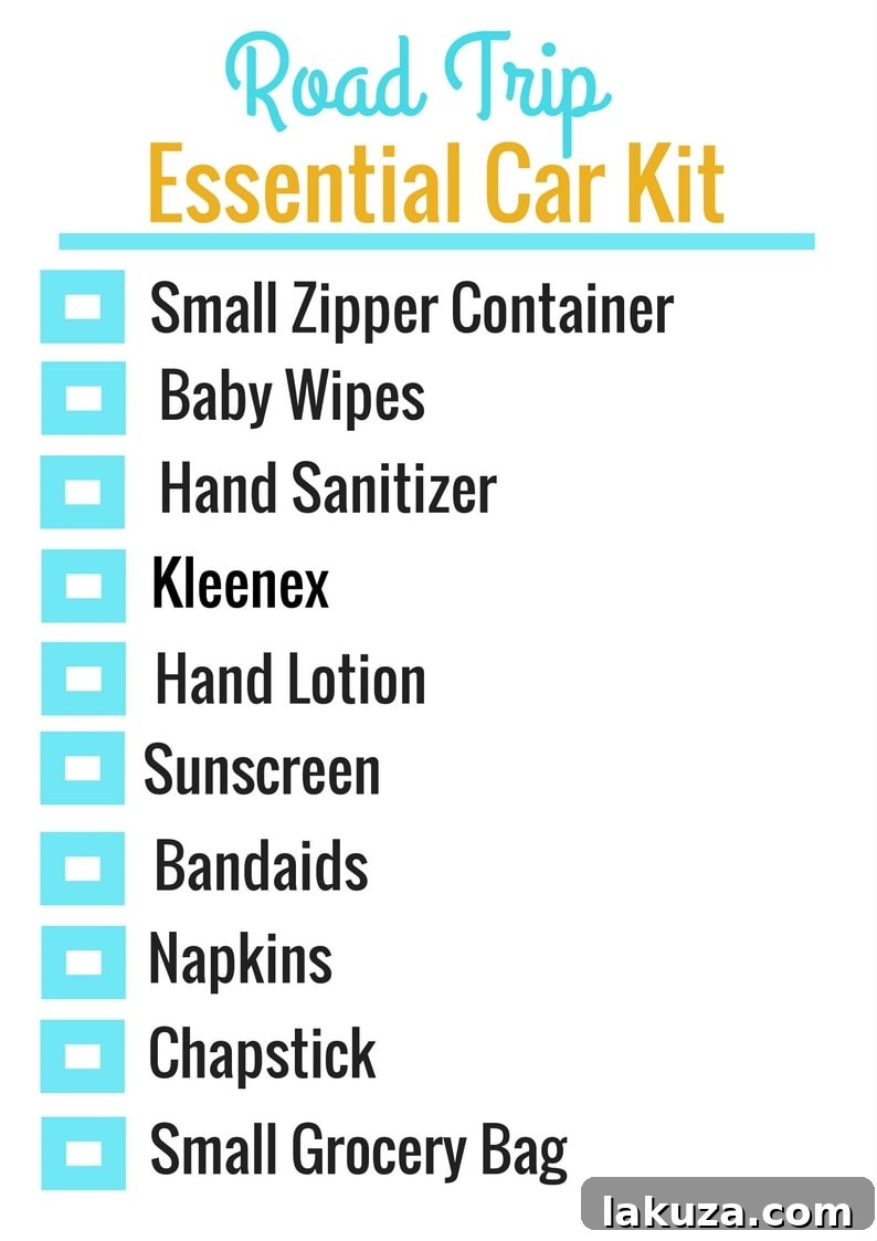 Printable Road Trip Car Essential Kit checklist. A list of important items for car travel, including first aid, hygiene, and comfort. www.modernhoney.com