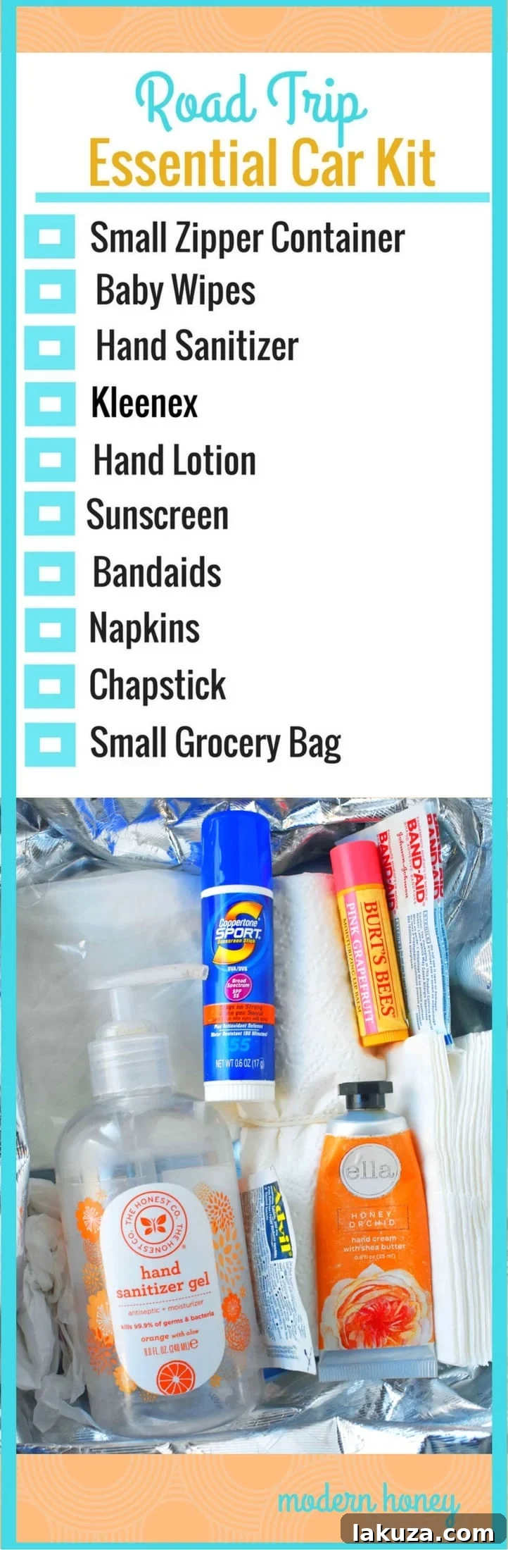 Road Trip Essential Car Kit checklist for easy packing. Essential items to make your journey safe and comfortable. www.modernhoney.com