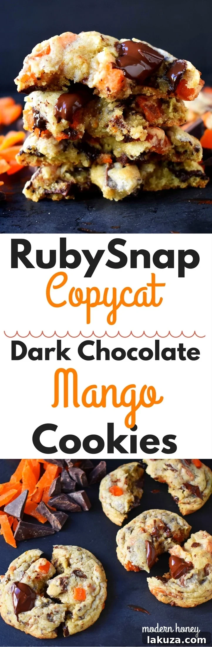 RubySnap Vivianna: Tropical Dark Chocolate Mango Cookies 10 A close-up vertical shot of RubySnap Vivianna Dark Chocolate Mango Cookies, displaying their texture and ingredients.