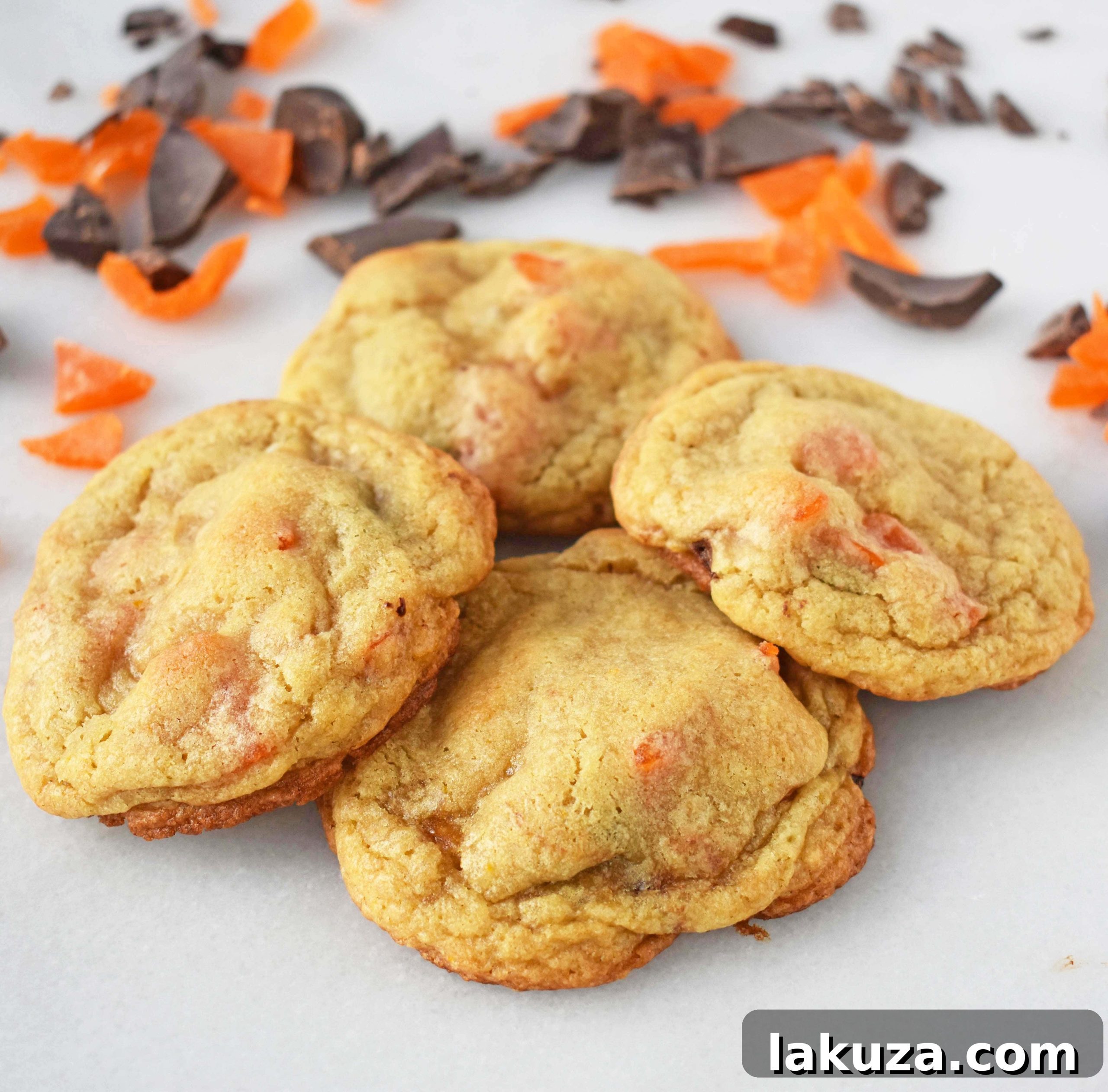 RubySnap Vivianna: Tropical Dark Chocolate Mango Cookies 7 A stack of golden-brown Dark Chocolate Mango Cookies with visible orange zest and generous fillings.