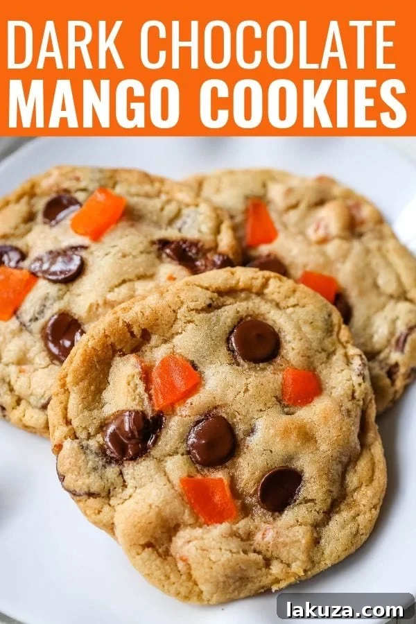 RubySnap Vivianna: Tropical Dark Chocolate Mango Cookies 8 Platter of freshly baked Dark Chocolate Mango Cookies, ready to be enjoyed.
