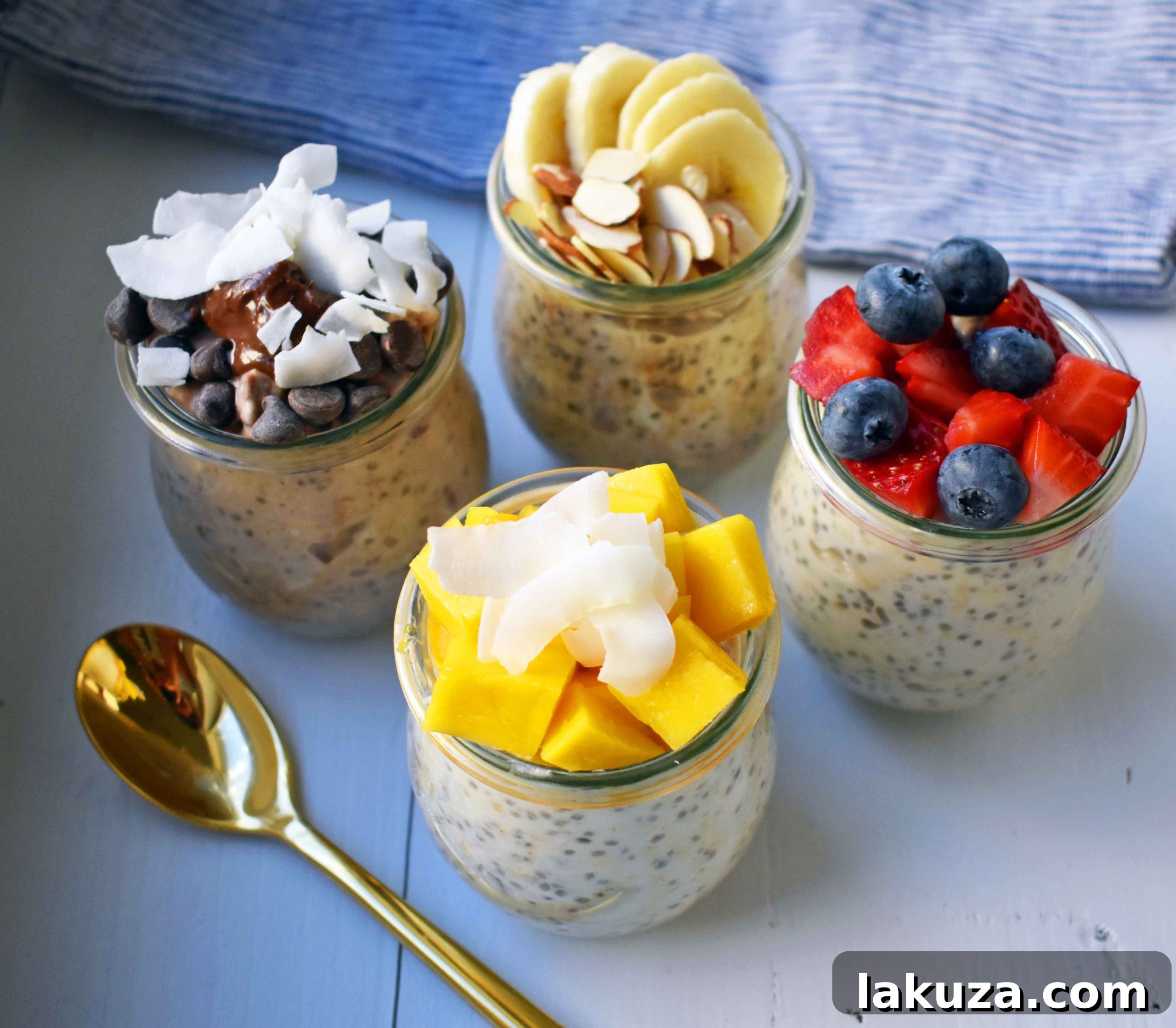 Five different ways to make overnight oats, each topped with various fresh fruits, nuts, and chocolate.