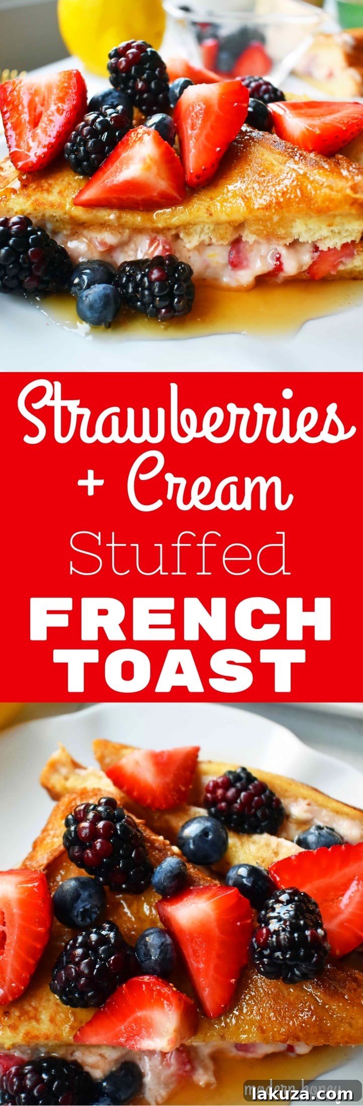 Pin this delicious Strawberries and Cream Stuffed French Toast recipe for your next gourmet breakfast.