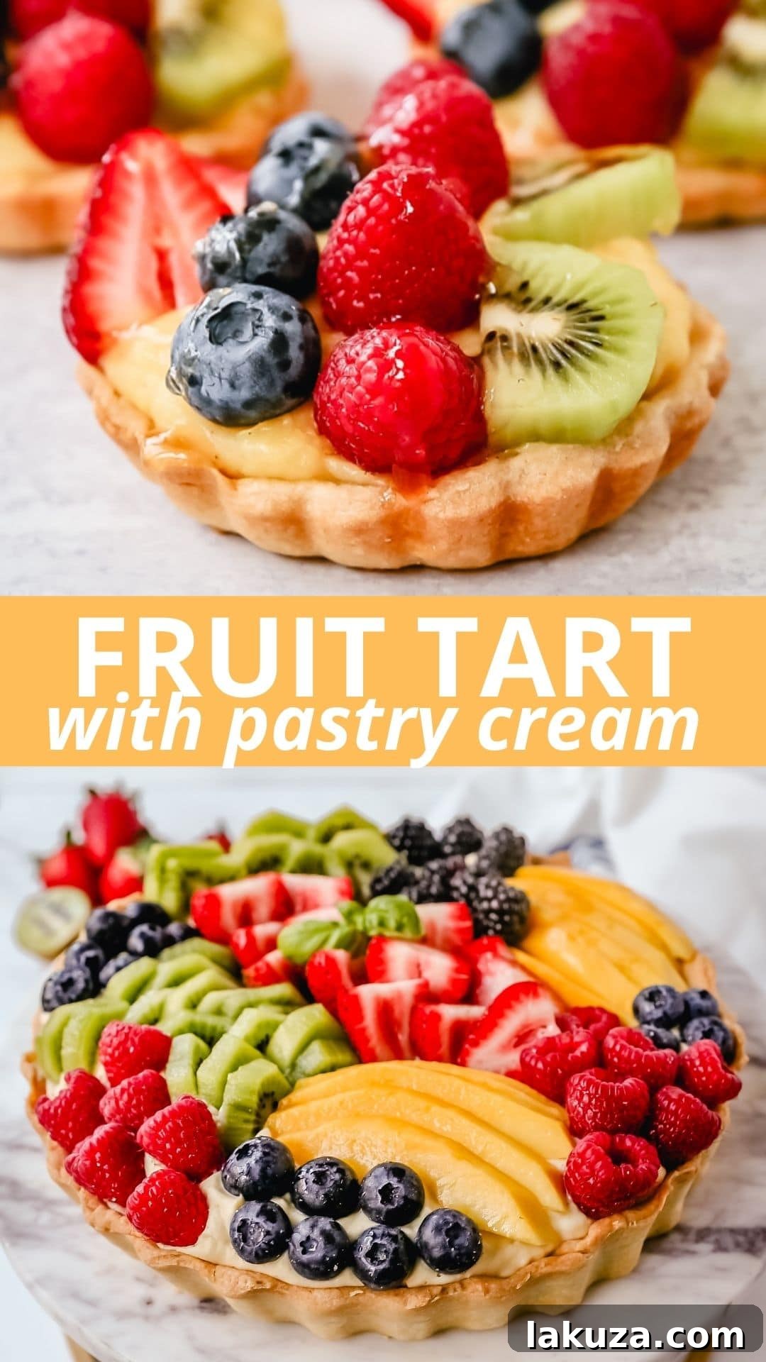 A stunning side view of a French Fruit Tart, showcasing its height, flaky crust, and bountiful fruit topping, ready to be served.