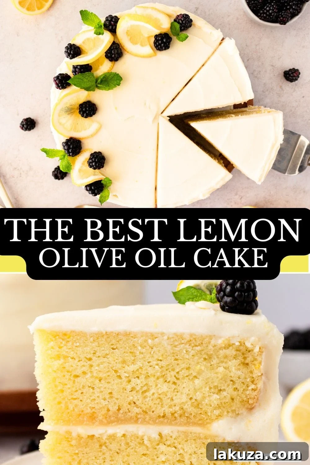 A tall, elegant Italian Lemon Olive Oil Cake, beautifully frosted and garnished, centered on a rustic wooden table.