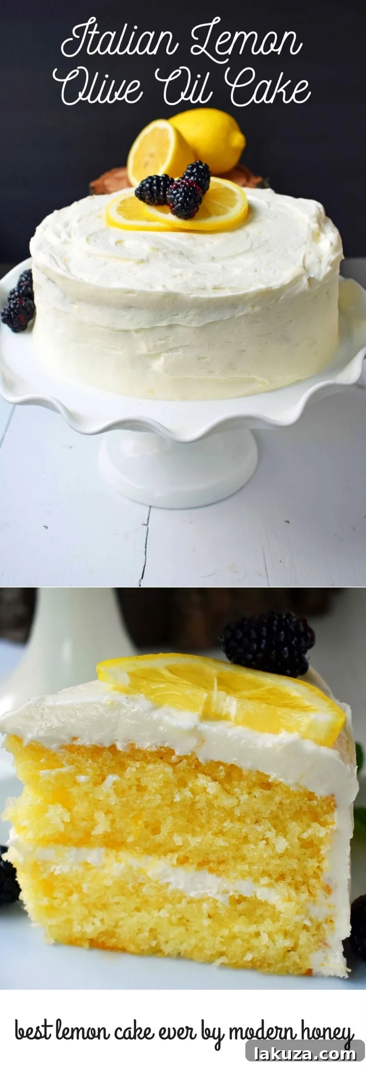 A tall, elegant slice of Lemon Olive Oil Cake, showcasing the light, fluffy texture and thick layer of cream cheese frosting.