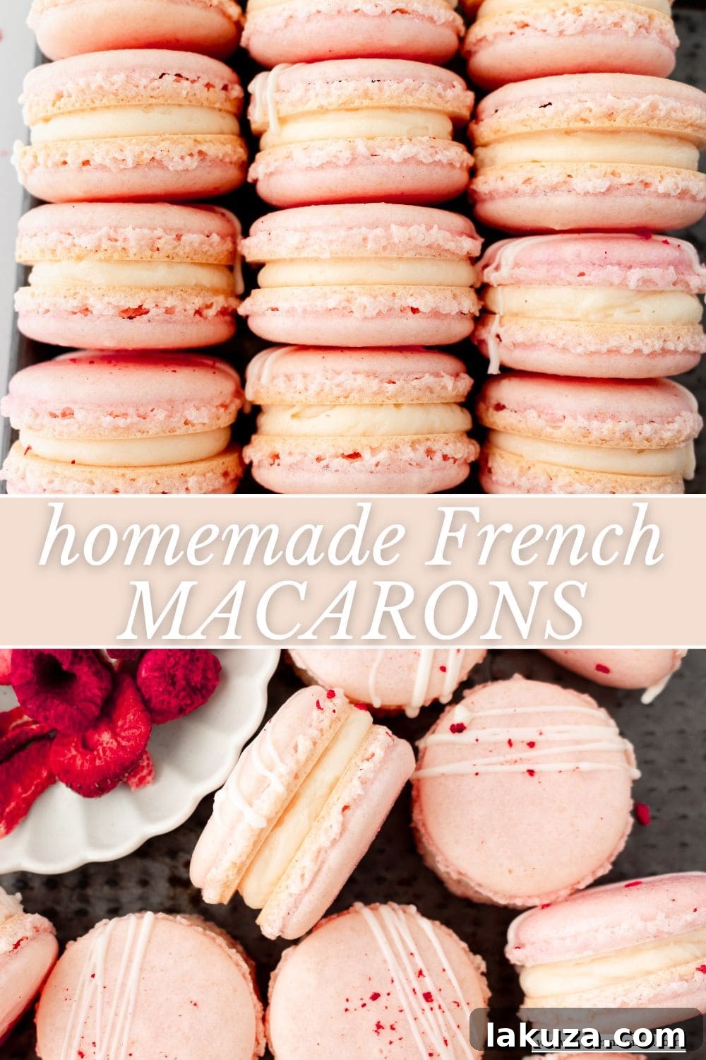 Elegant Macaron Delights 18 Close-up of a stack of delicate pink French macarons, ready to be enjoyed.
