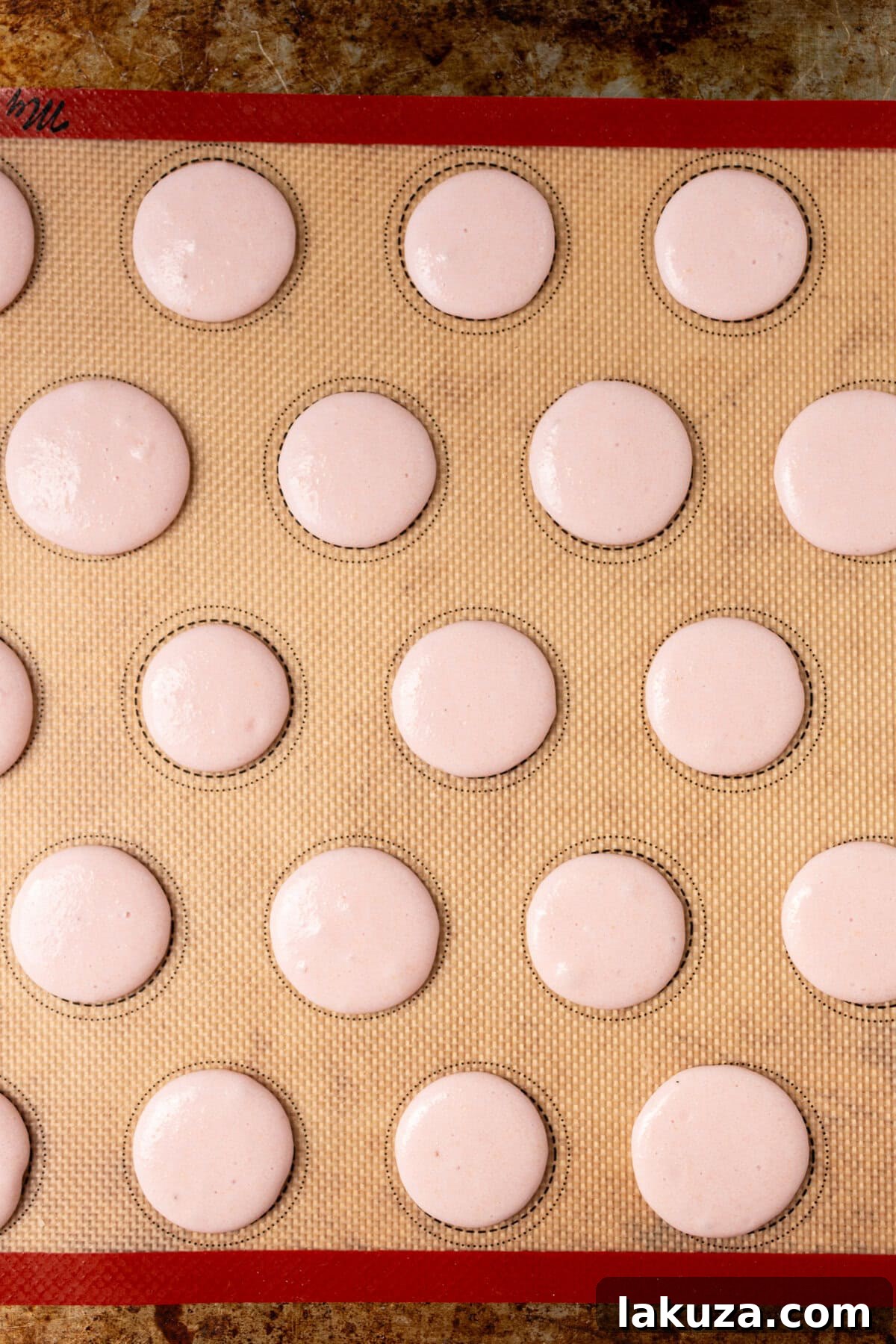 Elegant Macaron Delights 9 Piping macaron batter onto a baking sheet lined with a silicone mat, creating uniform rounds.