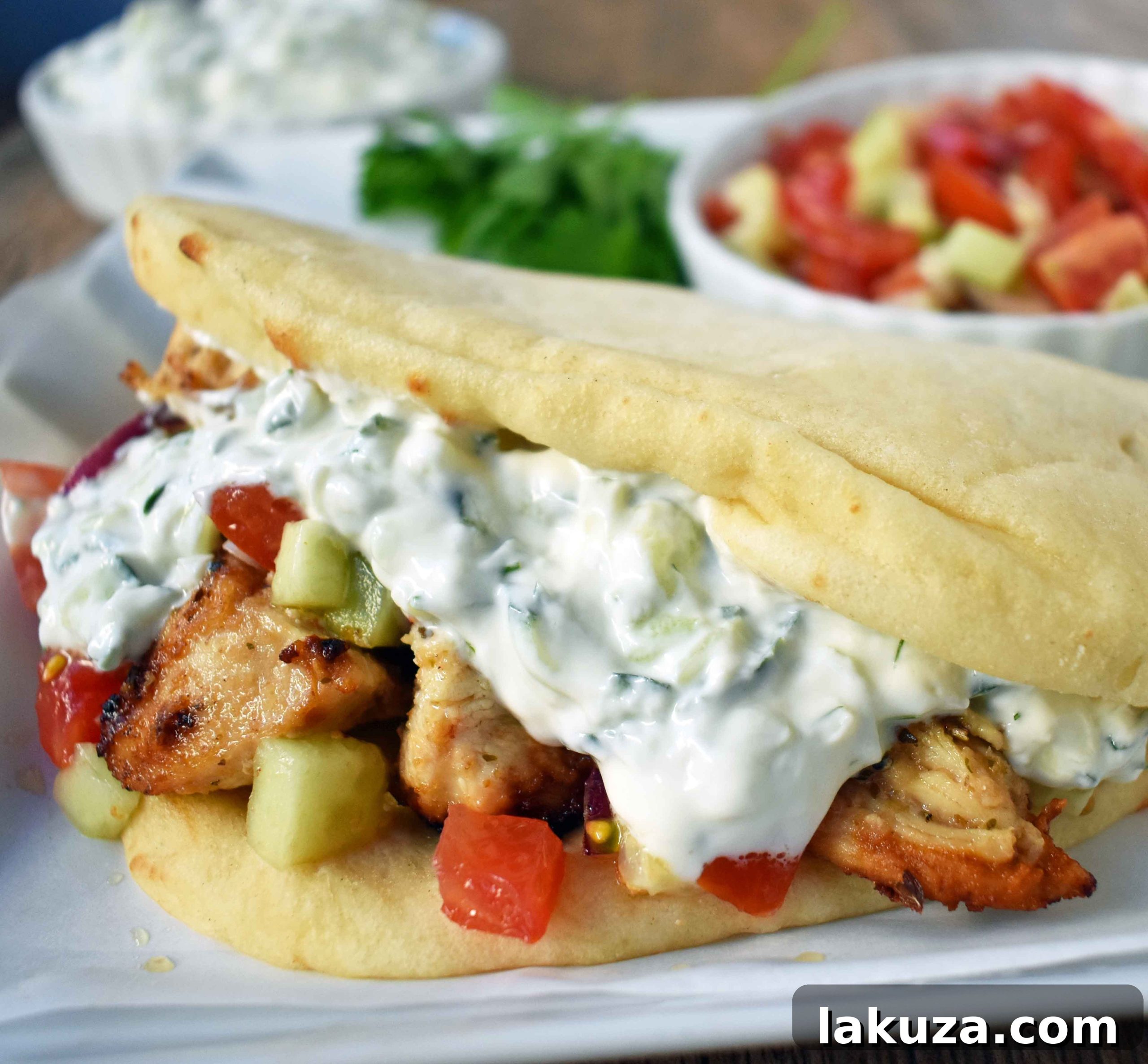 Stacked Greek Chicken Gyros with fresh toppings, ready to be enjoyed.