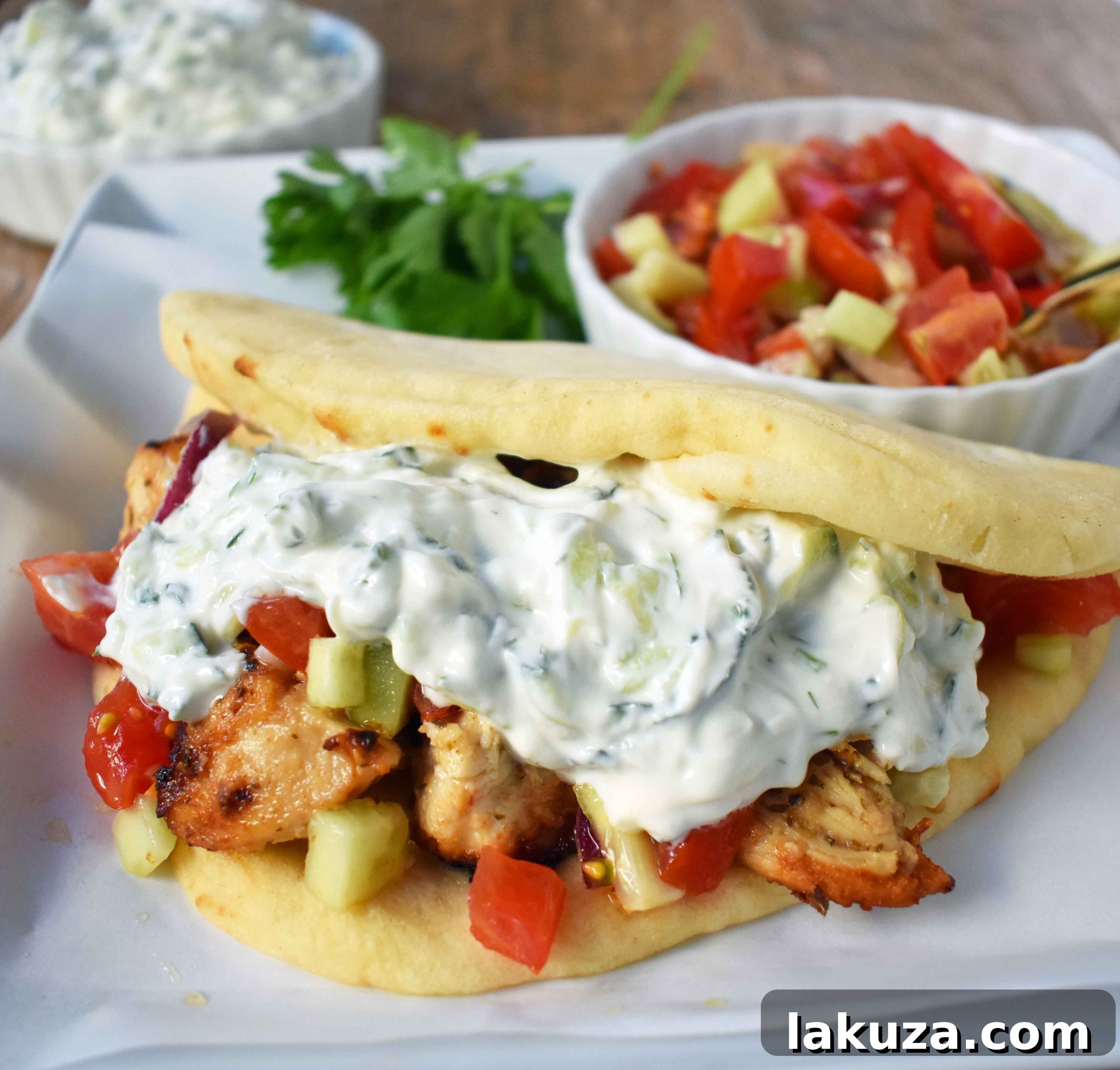Serving of Greek Chicken Gyros alongside a fresh Greek salad and a bowl of creamy homemade tzatziki sauce.