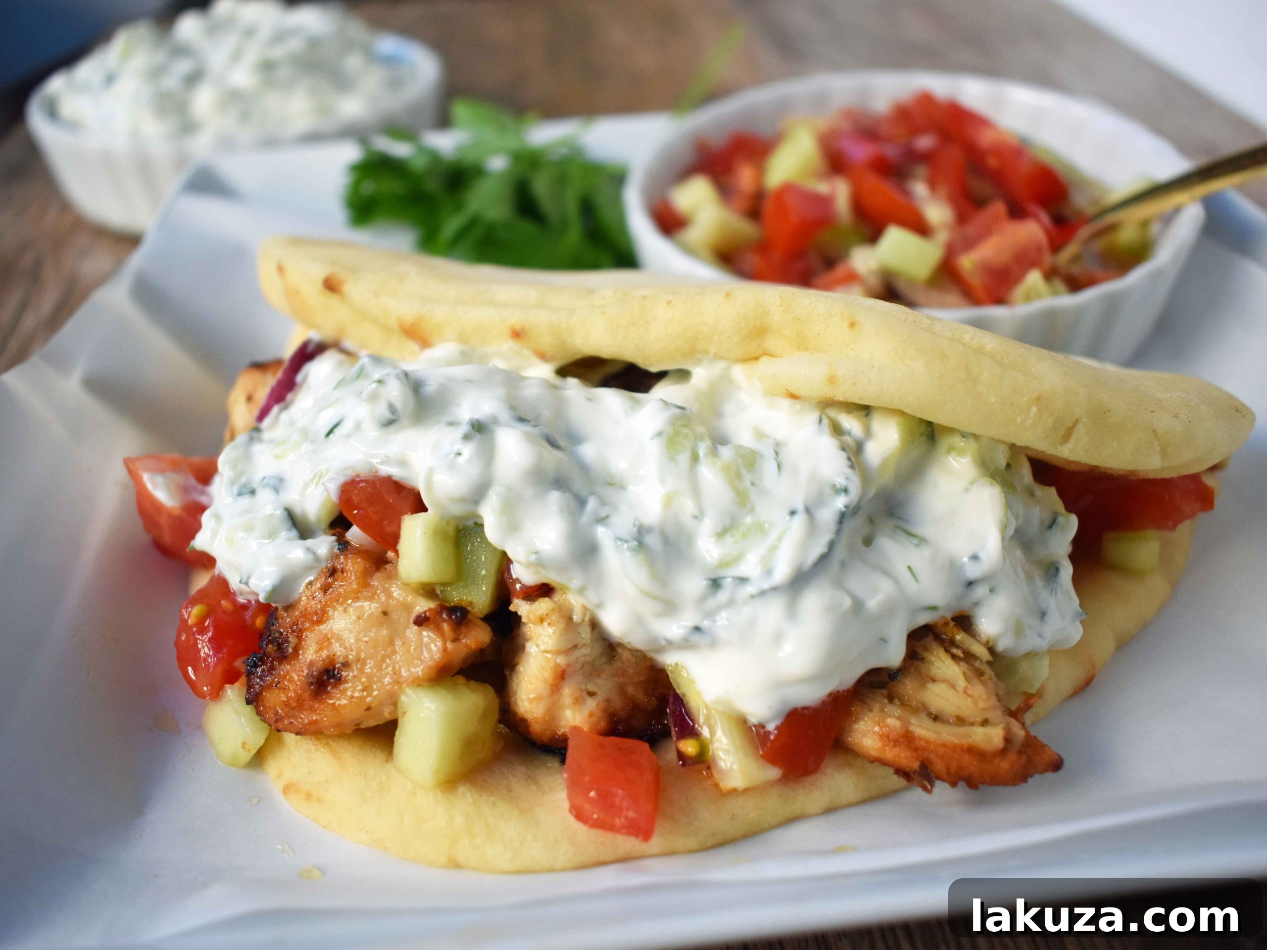 A beautifully presented chicken gyro platter with cooked marinated chicken, fresh salad ingredients, feta cheese, and warm pita bread.