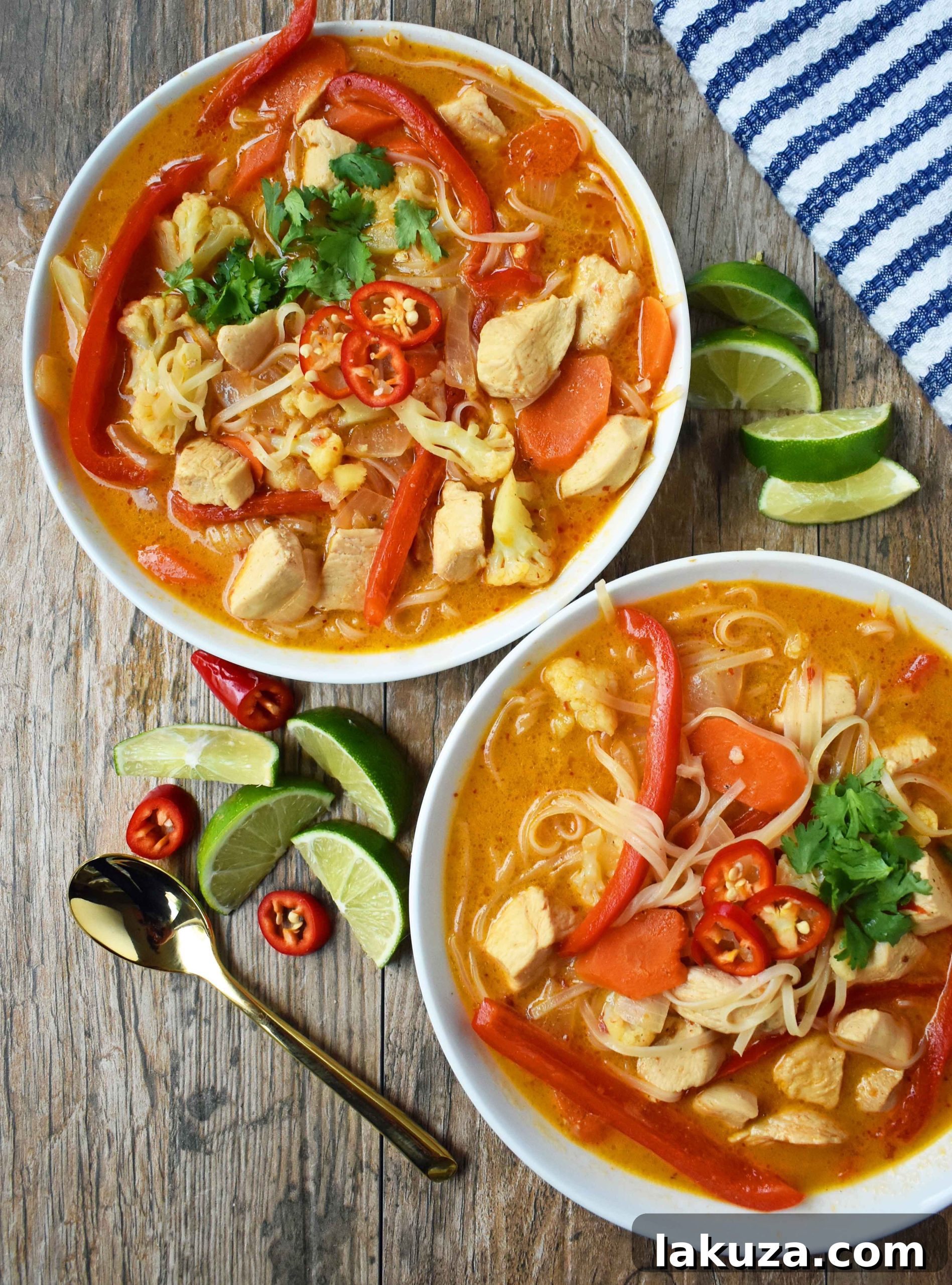Fragrant Thai Chicken Noodle Bowl 2 Rich and flavorful Thai Chicken Noodle Soup, a healthy gluten-free and dairy-free recipe. Features a vibrant coconut milk red curry broth, tender chicken, rice noodles, fresh ginger, carrots, cauliflower, red pepper, and cilantro. Perfect for a comforting and nutritious meal.