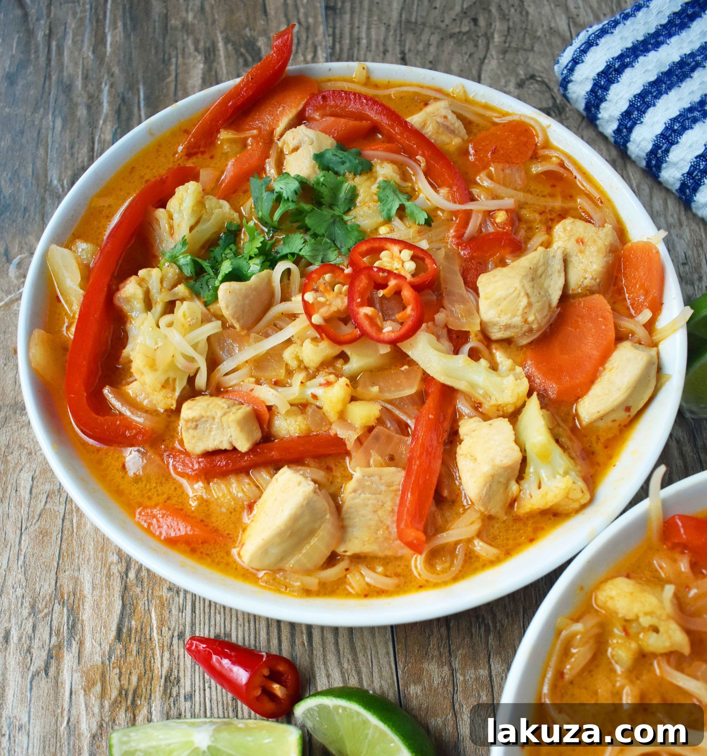 Fragrant Thai Chicken Noodle Bowl 3 Close-up of a steaming bowl of Thai Chicken Noodle Soup with fresh cilantro garnish. Highlighted are the rich red curry coconut broth, gluten-free rice noodles, and colorful vegetables like carrots and red bell pepper.