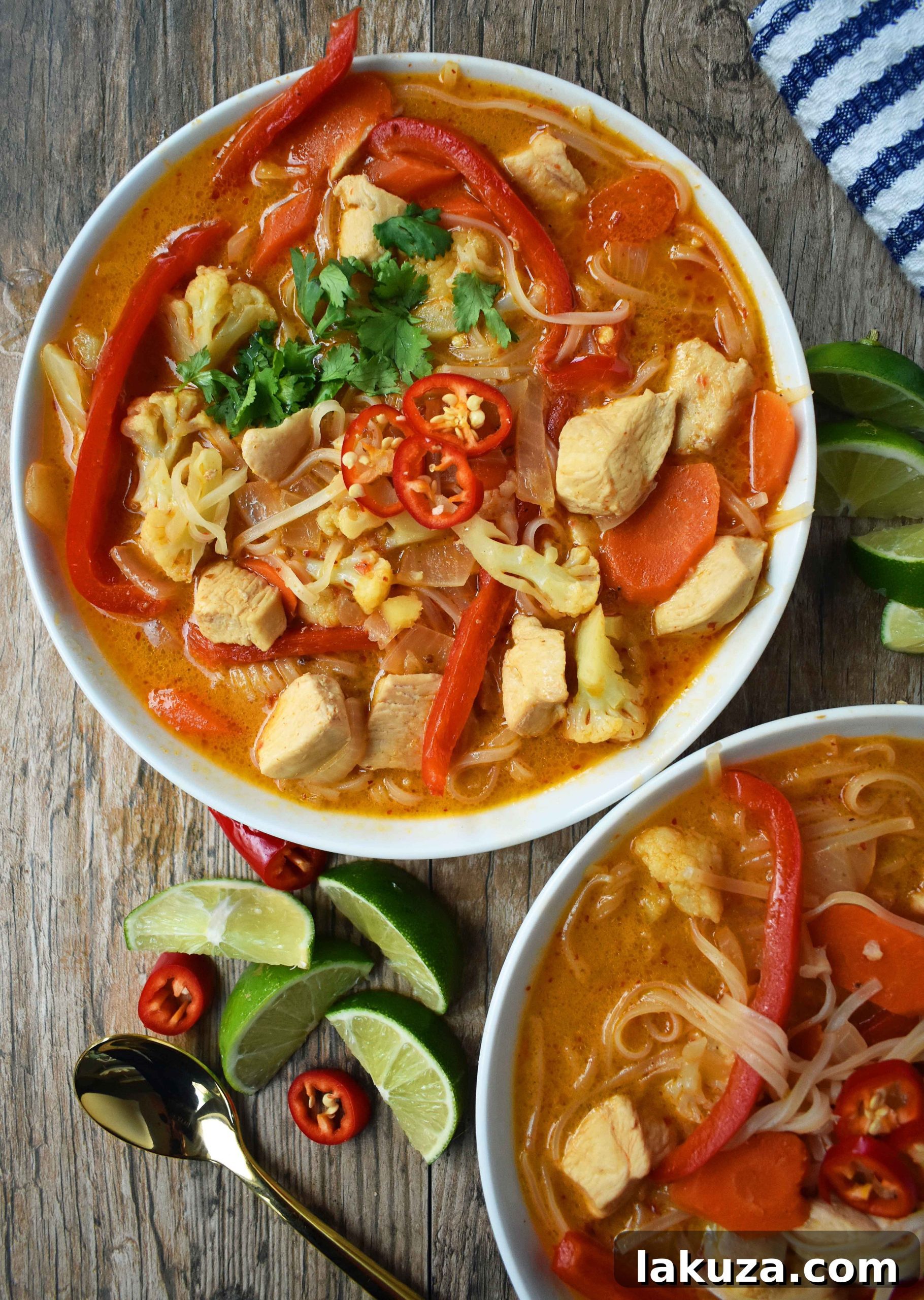 Fragrant Thai Chicken Noodle Bowl 4 Overhead view of a prepared bowl of Thai Chicken Noodle Soup, showcasing the array of healthy ingredients. Fresh cilantro and lime wedges garnish the rich broth, chicken, and assorted vegetables.