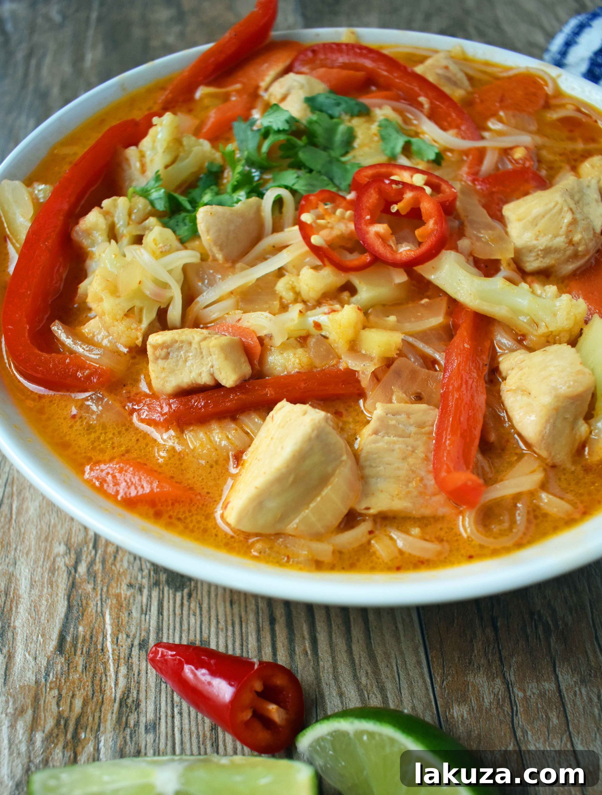 Fragrant Thai Chicken Noodle Bowl 5 A tantalizing close-up of Thai Chicken Noodle Soup in a bowl, showing the texture of rice noodles and succulent chicken pieces submerged in the creamy red curry broth, topped with fresh green cilantro.