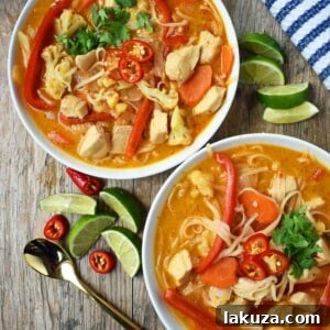 Fragrant Thai Chicken Noodle Bowl 6 Thai Chicken Noodle Soup. Gluten-free and Dairy-Free nutritious soup that is full of flavor. A rich coconut milk red curry based broth filled with onions, carrots, ginger, cauliflower, and red pepper. A healthy and delicious soup that everyone loves! www.modernhoney.com
