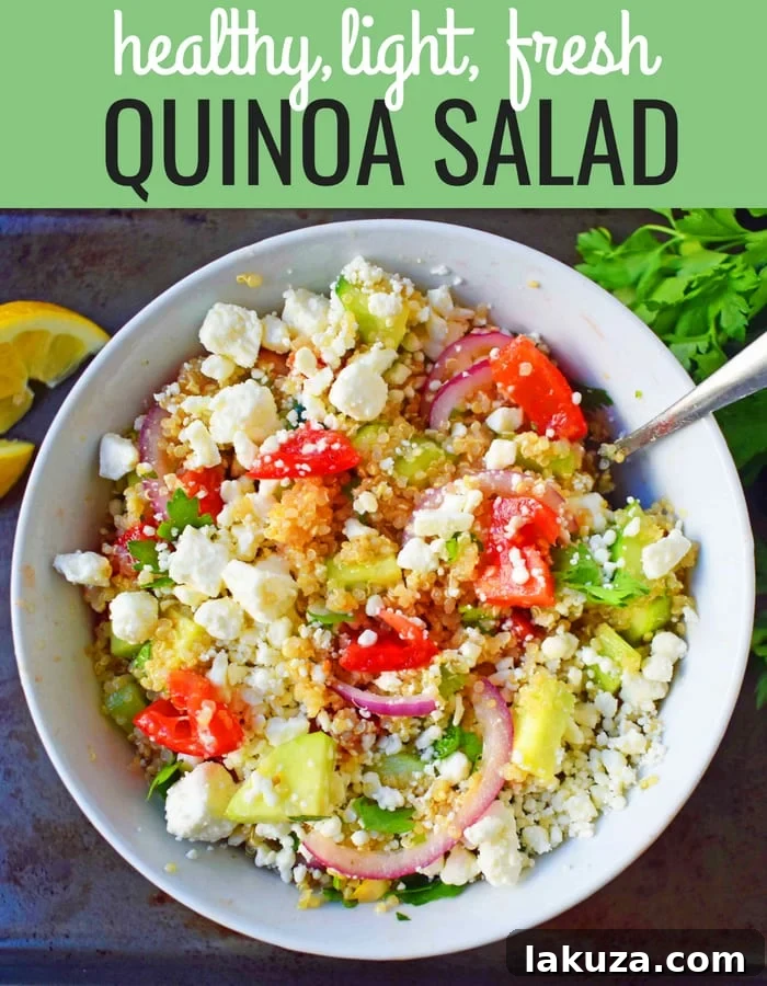 Mediterranean Quinoa Salad with feta cheese, tomatoes, cucumber, and red onions, all tossed in a red wine vinaigrette. www.modernhoney.com