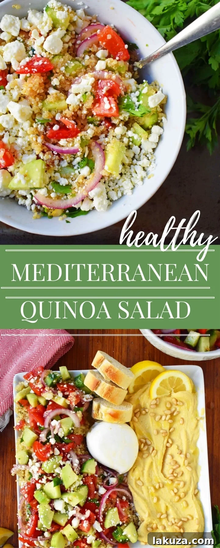 Mediterranean Quinoa Salad, a close-up shot showing the rich textures and vibrant colors of fluffy quinoa, fresh tomatoes, crisp cucumber, red onion, and parsley, all coated in a flavorful dressing. A perfect example of a healthy and appealing meal.