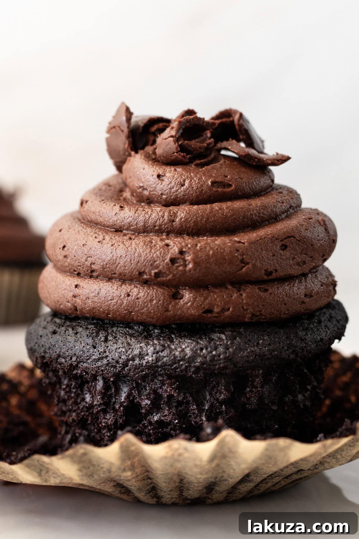 Decadent Chocolate Cupcakes 14 A delightful pair of chocolate cupcakes, generously frosted and decorated with chocolate shavings, embodying deliciousness.