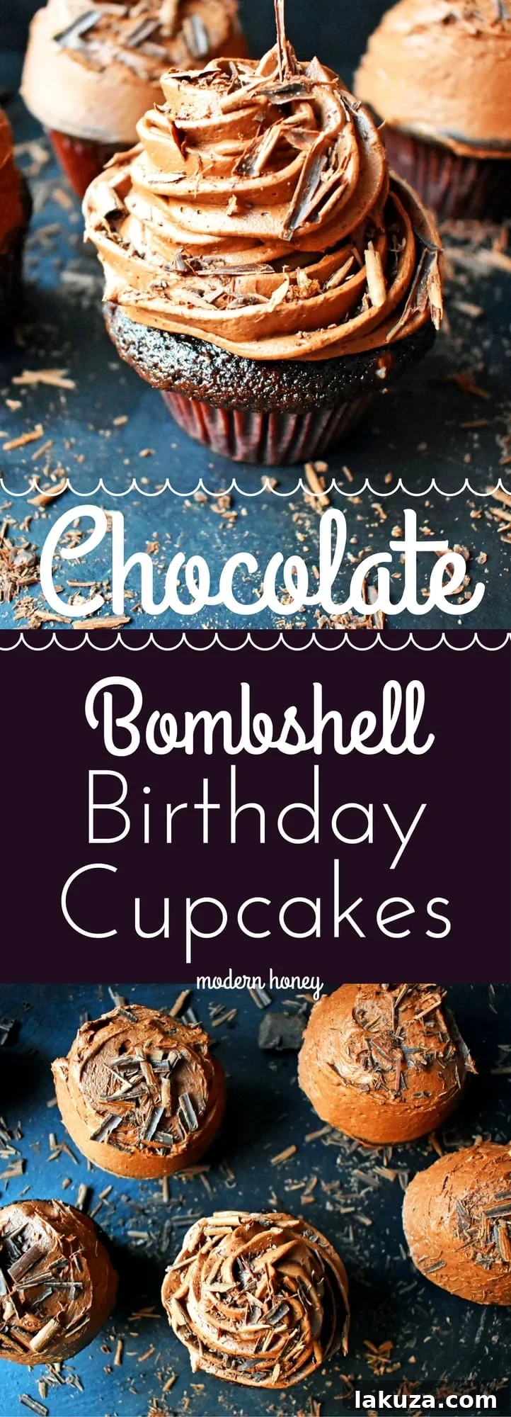 Decadent Chocolate Cupcakes 17 A Pinterest-optimized image featuring a stack of delectable Chocolate Bombshell Birthday Cupcakes, rich, tender, and fluffy, topped with homemade chocolate buttercream frosting.