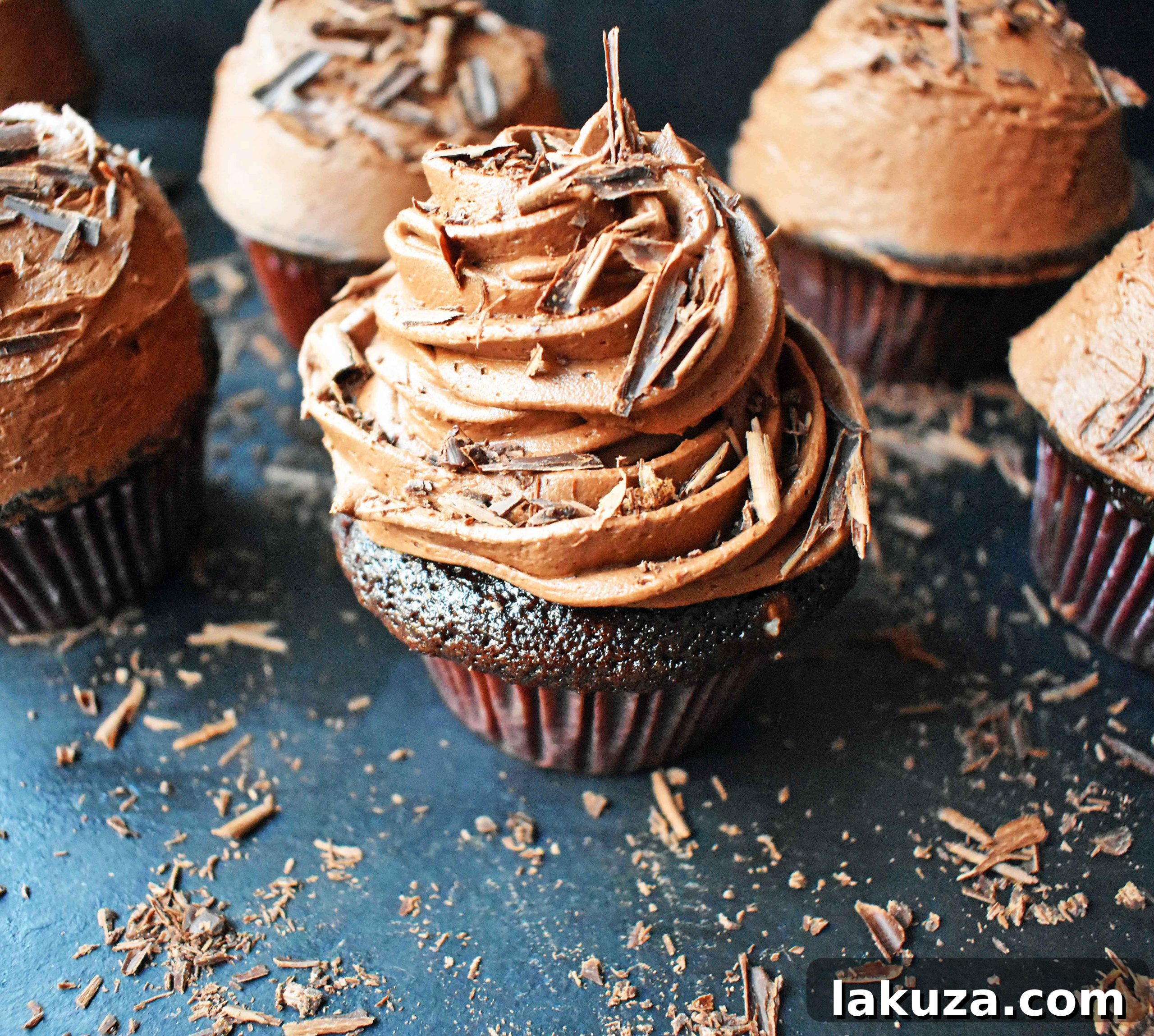 Decadent Chocolate Cupcakes 18 A beautiful wide shot of Chocolate Bombshell Birthday Cupcakes, showcasing their elegant presentation and tempting chocolate frosting, perfect for any special occasion.