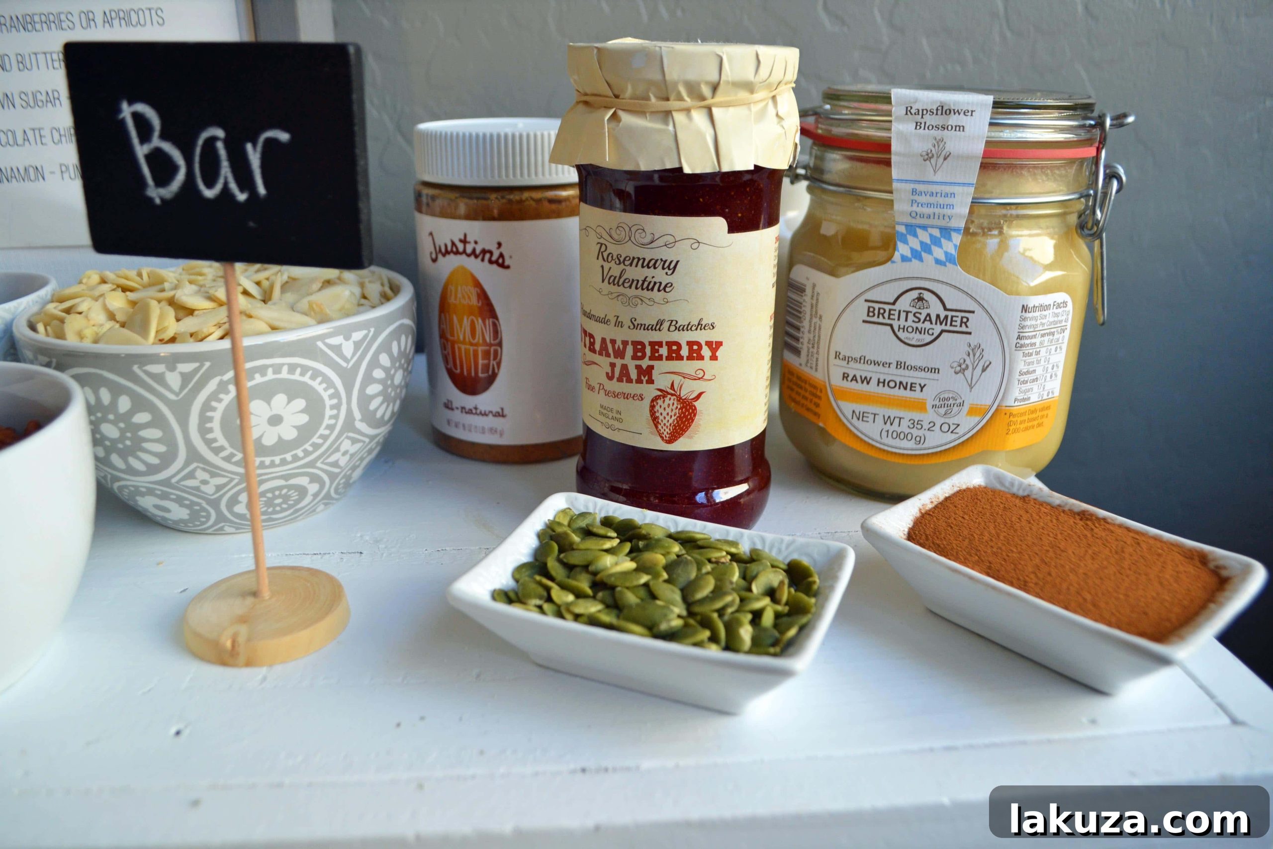 Craft Your Oat Creation 17 A comprehensive oatmeal toppings display, offering a wide selection for personalized breakfast creations.