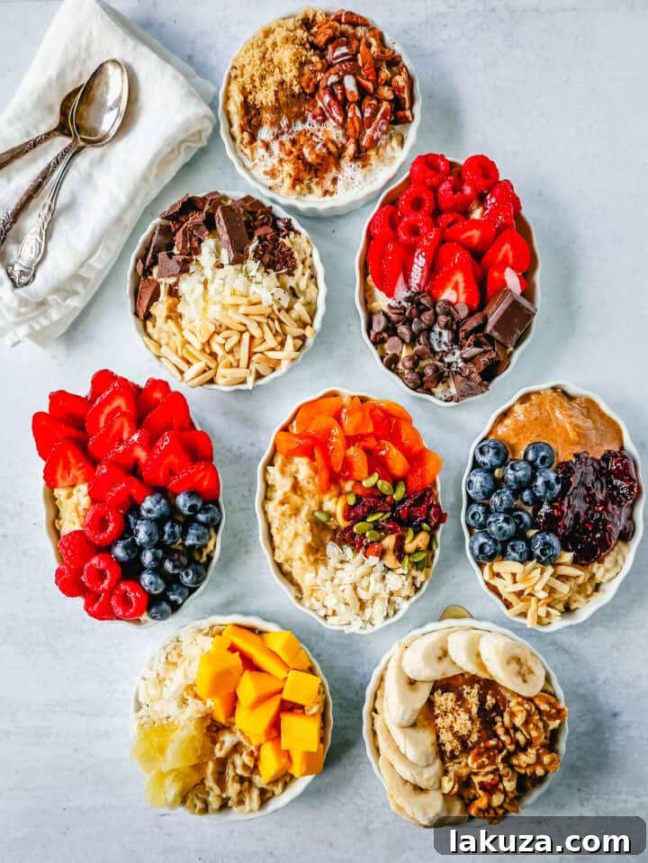 Craft Your Oat Creation 4 A beautifully arranged oatmeal bar with various bowls of fresh fruits, nuts, and sweet toppings, ready for customization.